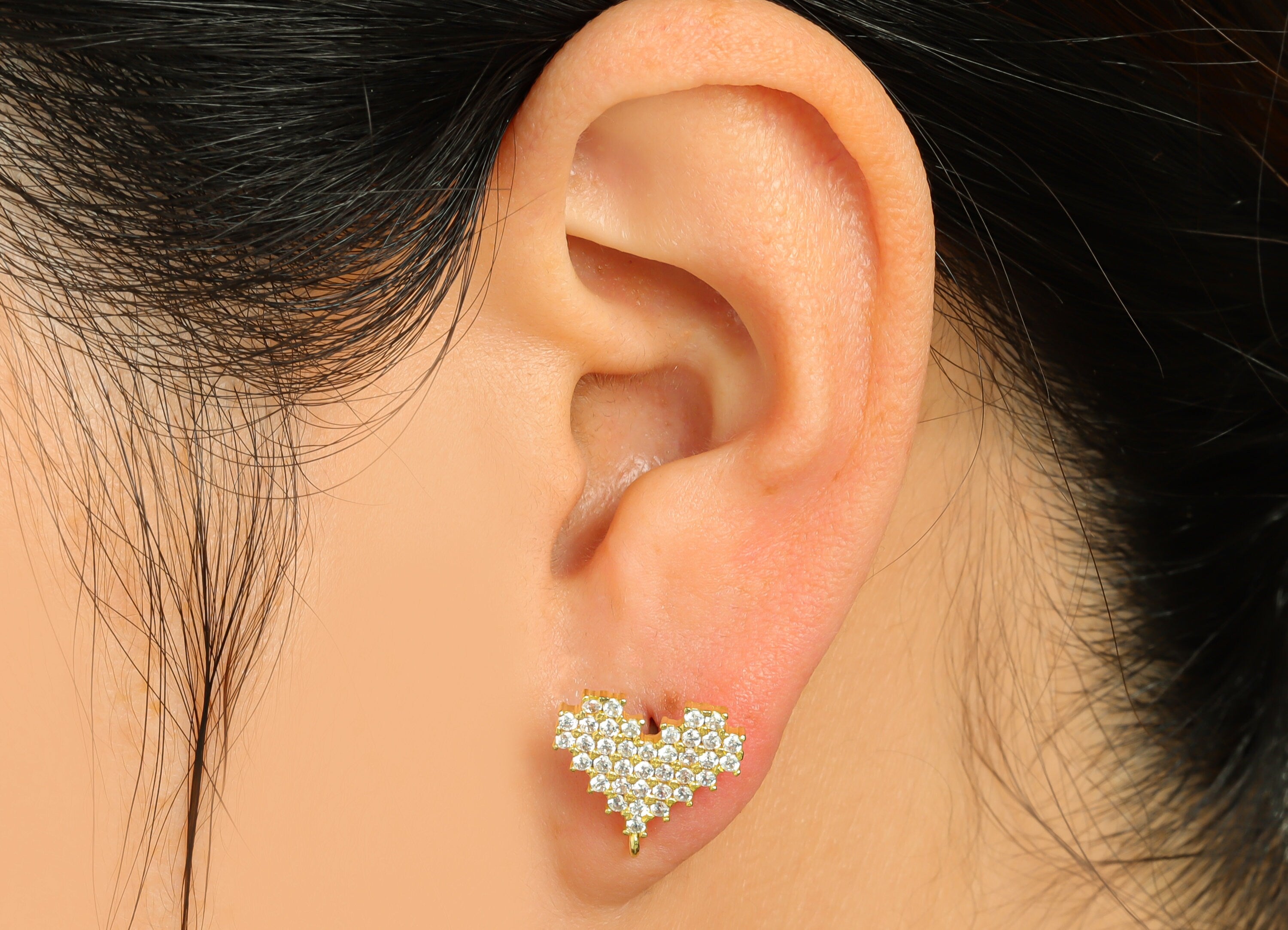 Brass CZ Heart Earring Post - Raw Brass Heart Cubic Zircon Earring Post With Loop - Brass Heart Zircon Earring Post - 14.5x13x2mm - PP10076 - DOMEDBAZAAR