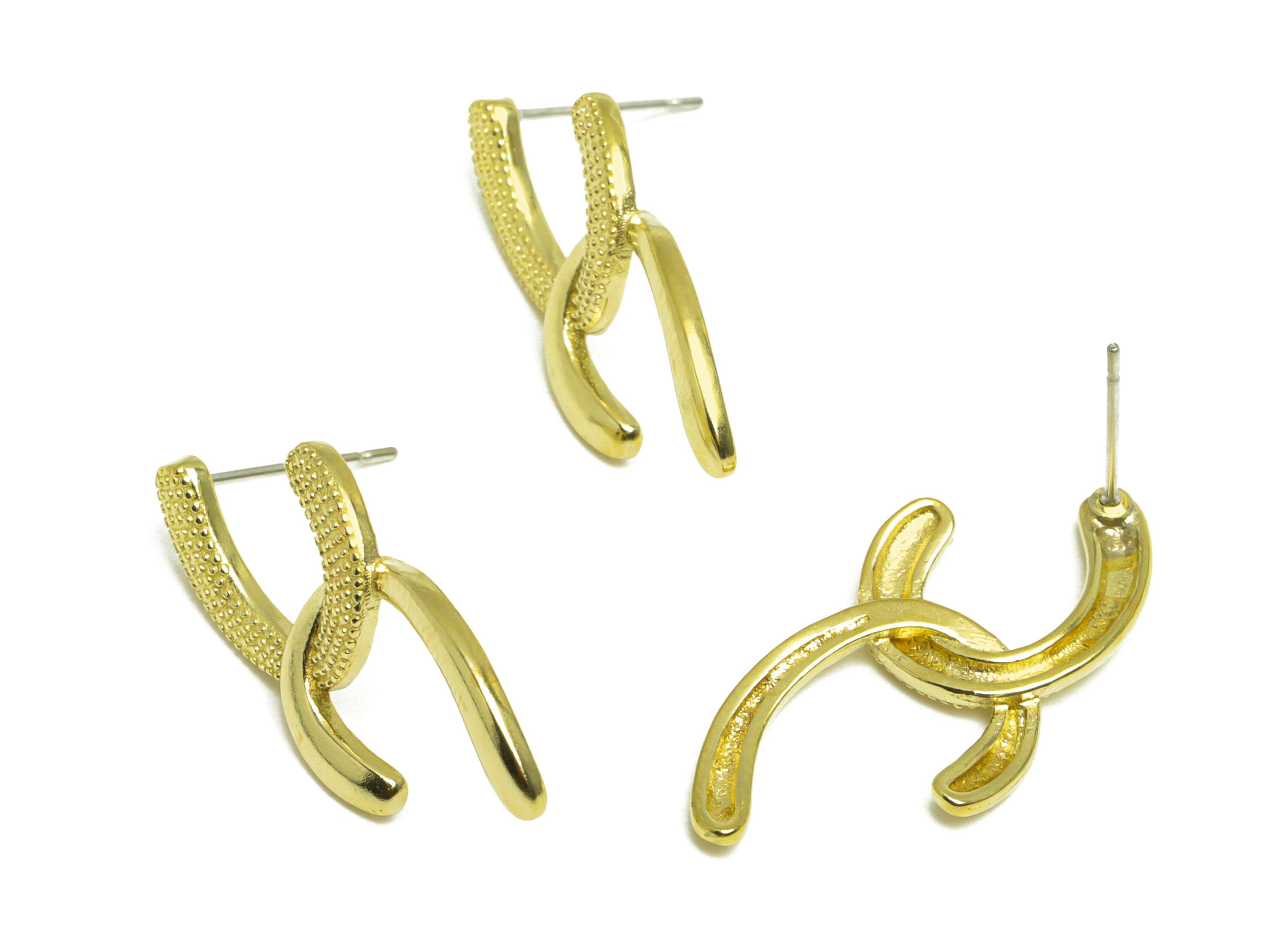Brass C Wire Earring Interlock Post - Raw Brass Textured C Earring Post - Brass Link C Earring Post - Brass Steel Stud - 32x13x2mm - PP10056 - DOMEDBAZAAR