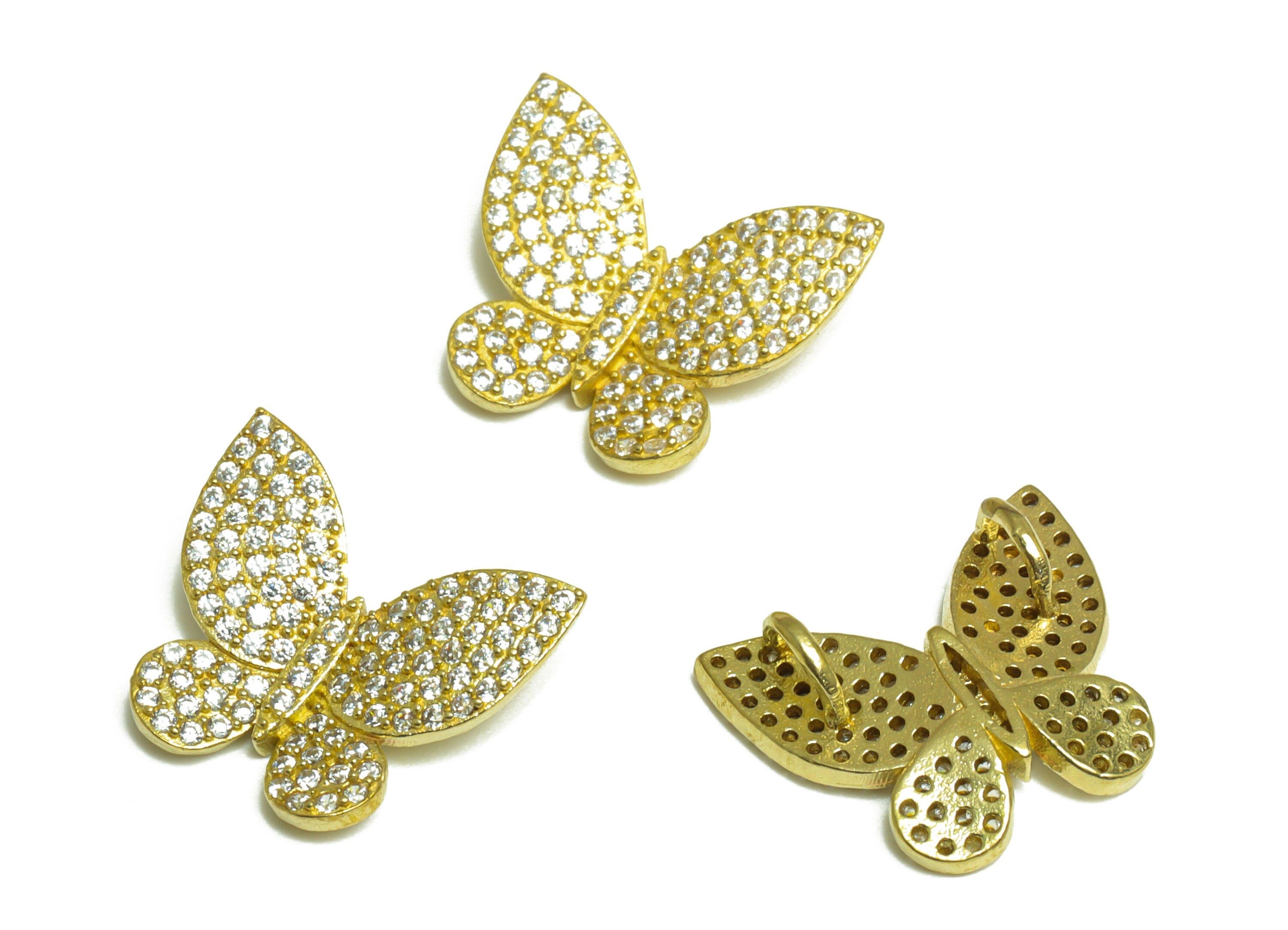 Brass CZ Butterfly Hairclip Charm - Raw Brass Butterfly Cubic Zircon Charm - Brass Butterfly Pendant - For Necklace - 16x14x4mm - PP10078 - DOMEDBAZAAR