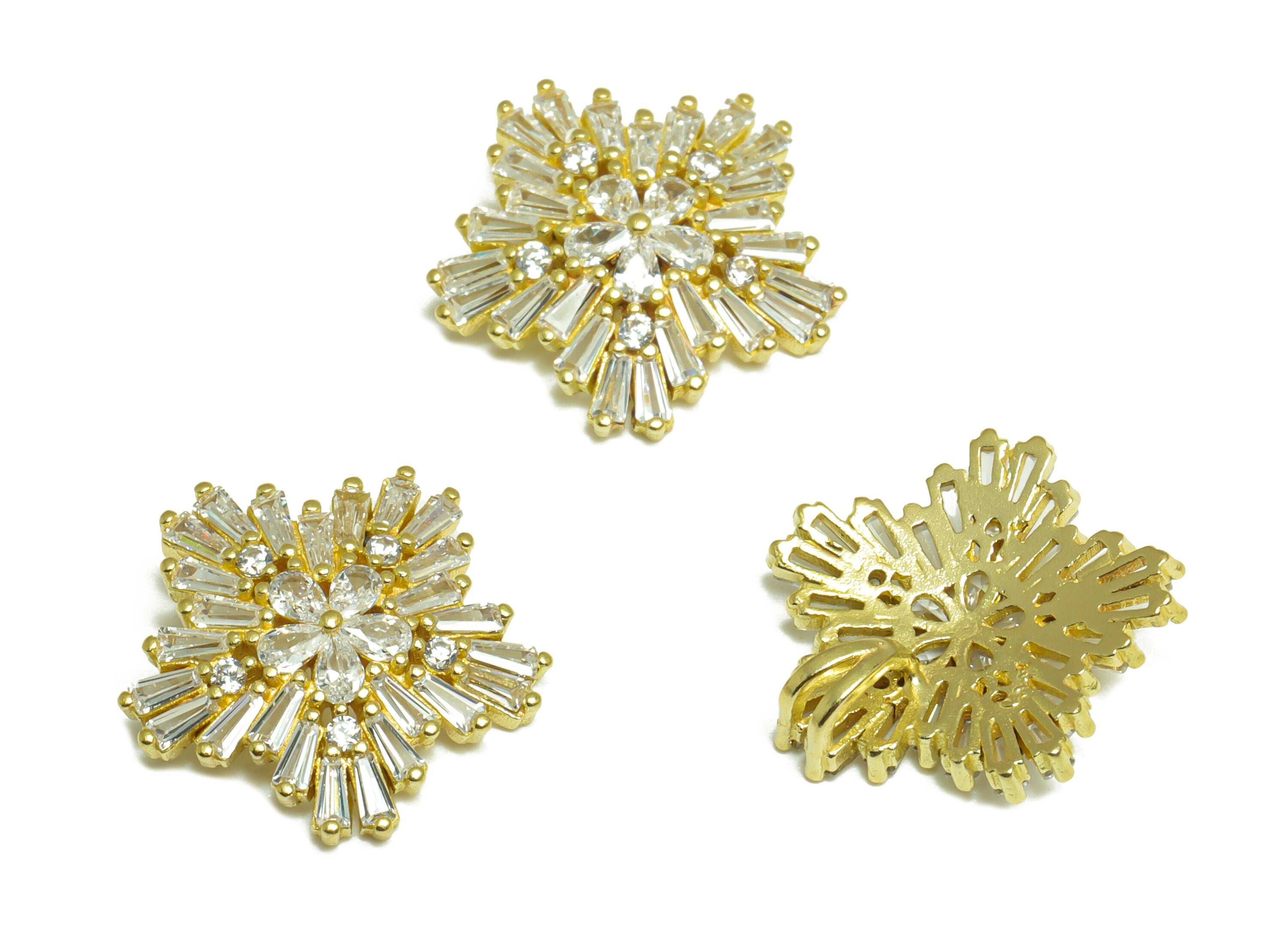 Brass CZ Flower Hairclip Charm - Raw Brass Snowflake Cubic Zircon Charm - Brass Teardrop Pendant - Cubic Zircon Charm - 18x17x4mm - PP10099 - DOMEDBAZAAR