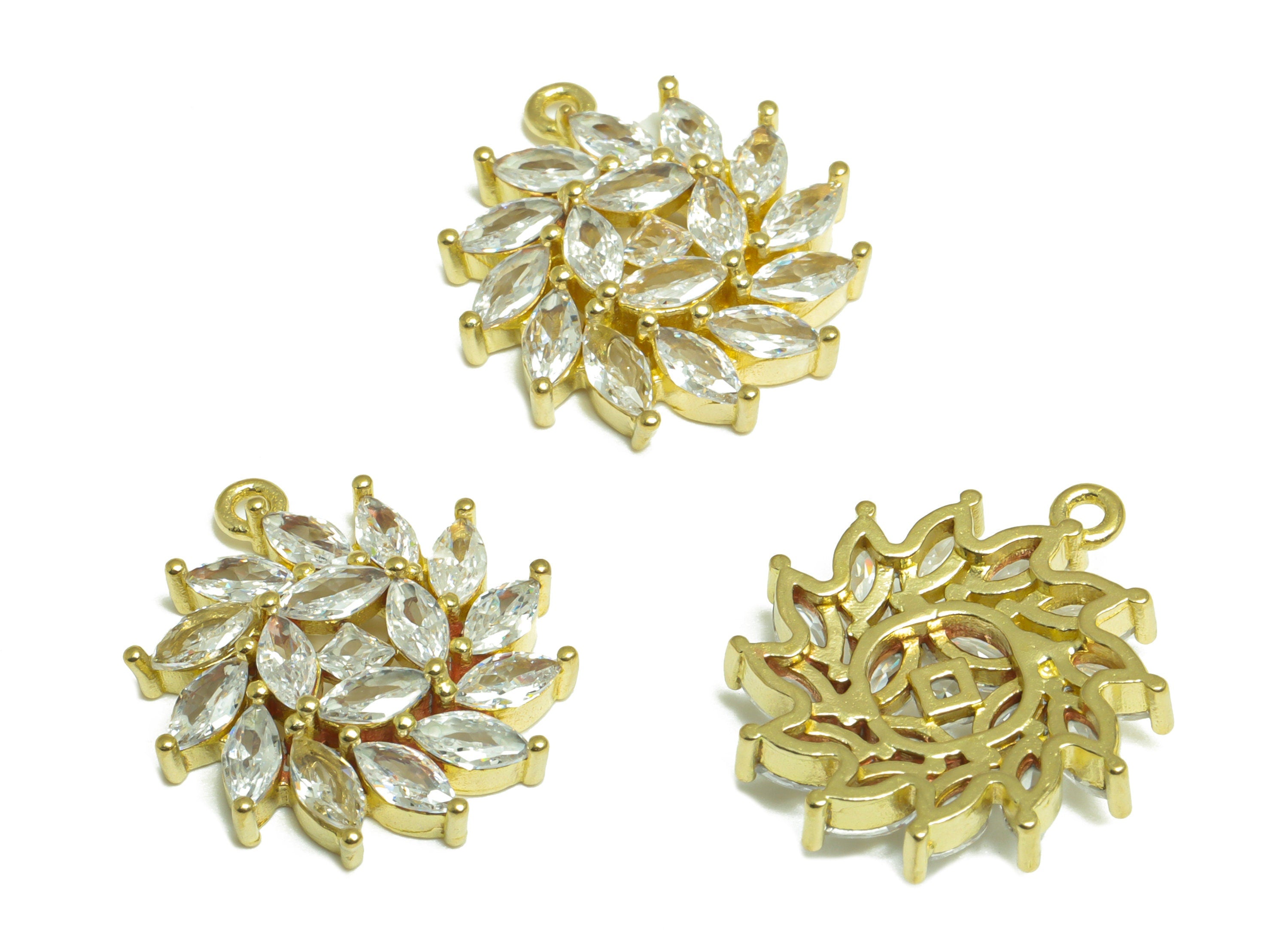 Brass CZ Flower Pendant - Raw Brass Marquise Cubic Zircon Charm - Brass Diamond Pendant - Cubic Zircon Charm - 20x18.2x4.5mm - PP10111 - DOMEDBAZAAR
