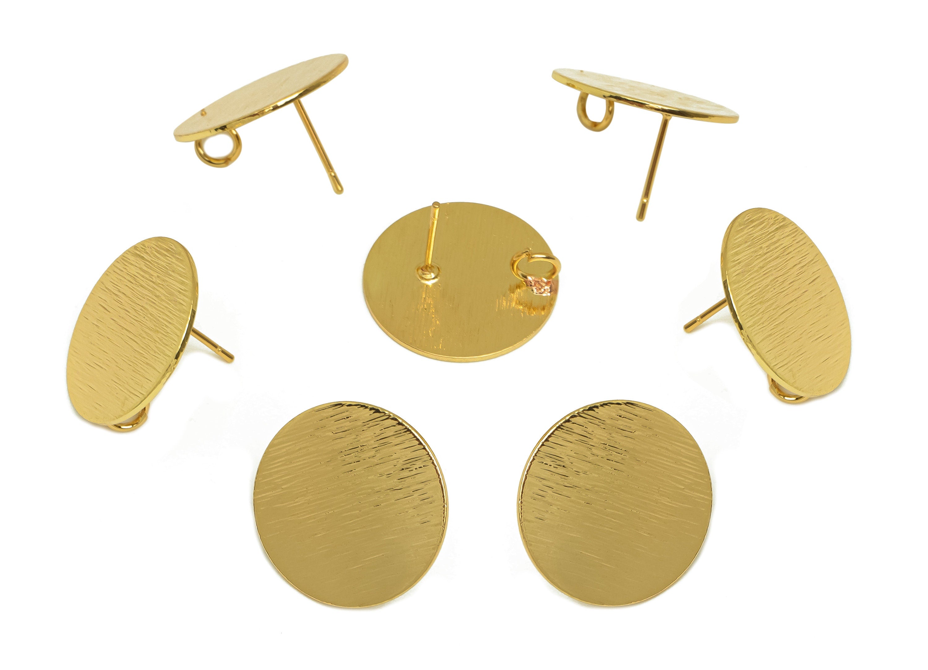 Brass Round Earring Stud - Raw Brass Textured Circle Earring Post - Brass Circle Post With Loop - Kc Gold Tone Plating - 20x20x1mm - PP10443 - DOMEDBAZAAR