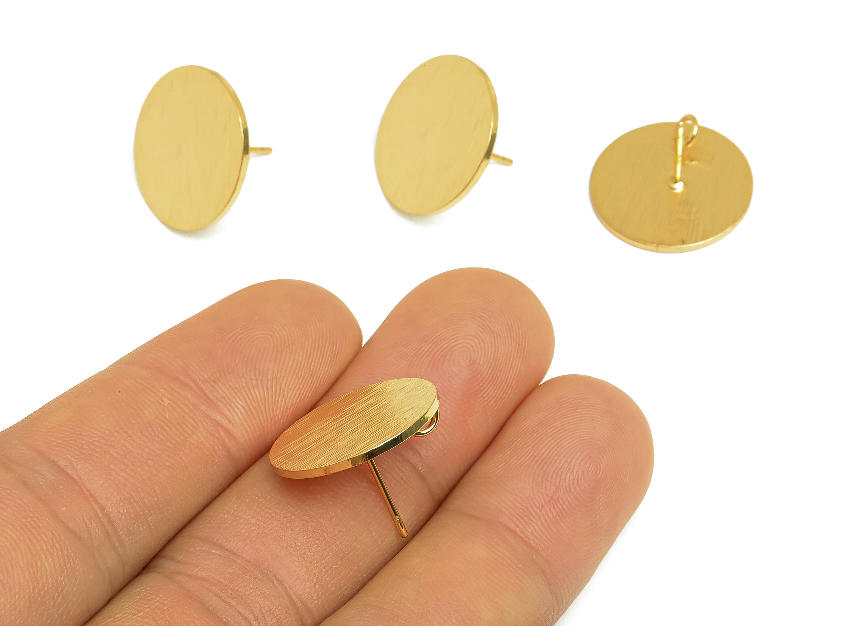 Brass Round Earring Stud - Raw Brass Textured Circle Earring Post - Brass Circle Post With Loop - Kc Gold Tone Plating - 18x18x1mm - PP10444 - DOMEDBAZAAR