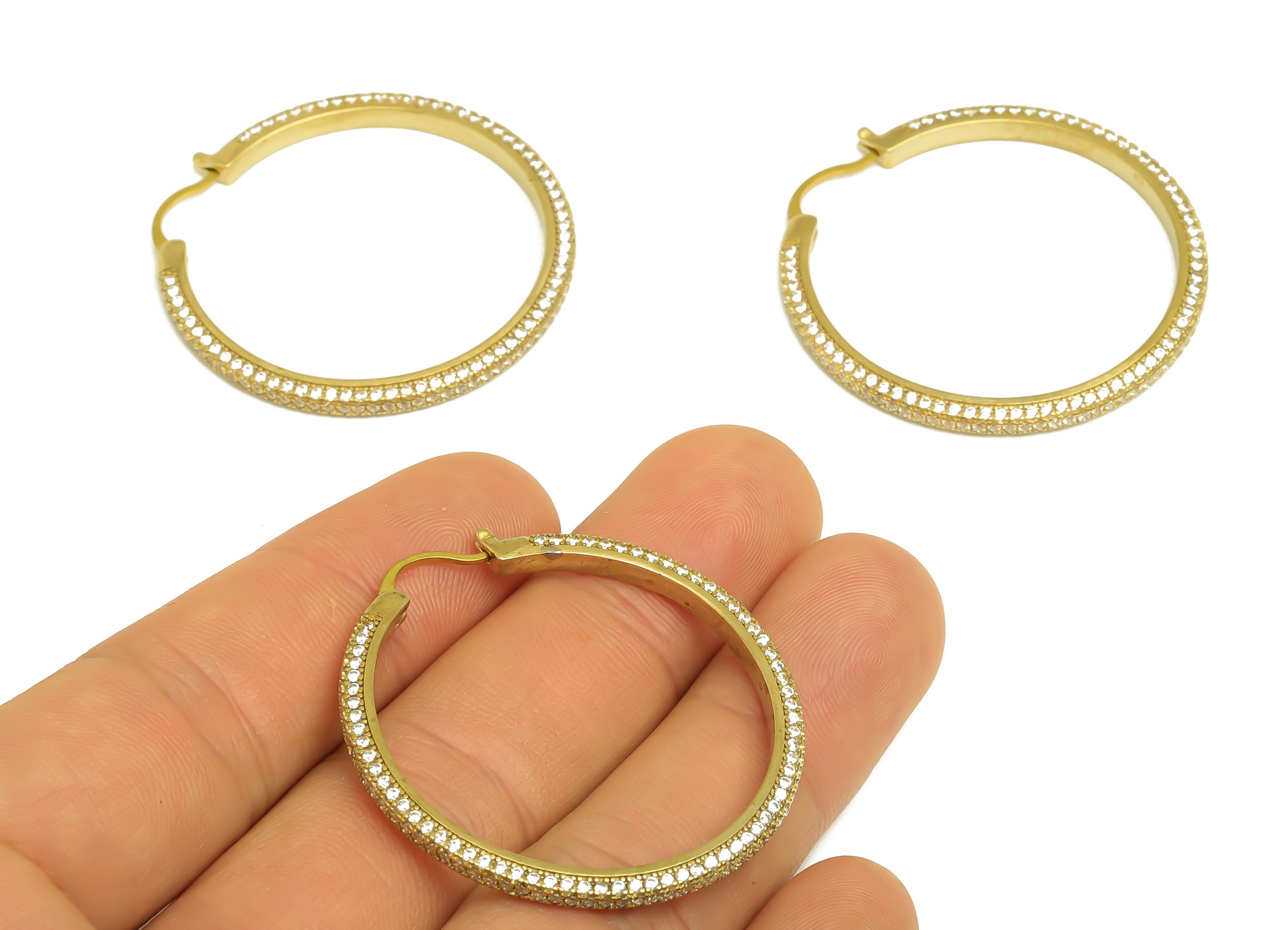 40mm Brass CZ Hoop Earring - Brass Hinged Back Earring - Brass Round Cubic Zircon Earring - CZ Hinged Back Earring - 40x40x2mm - PP10352-40 - DOMEDBAZAAR
