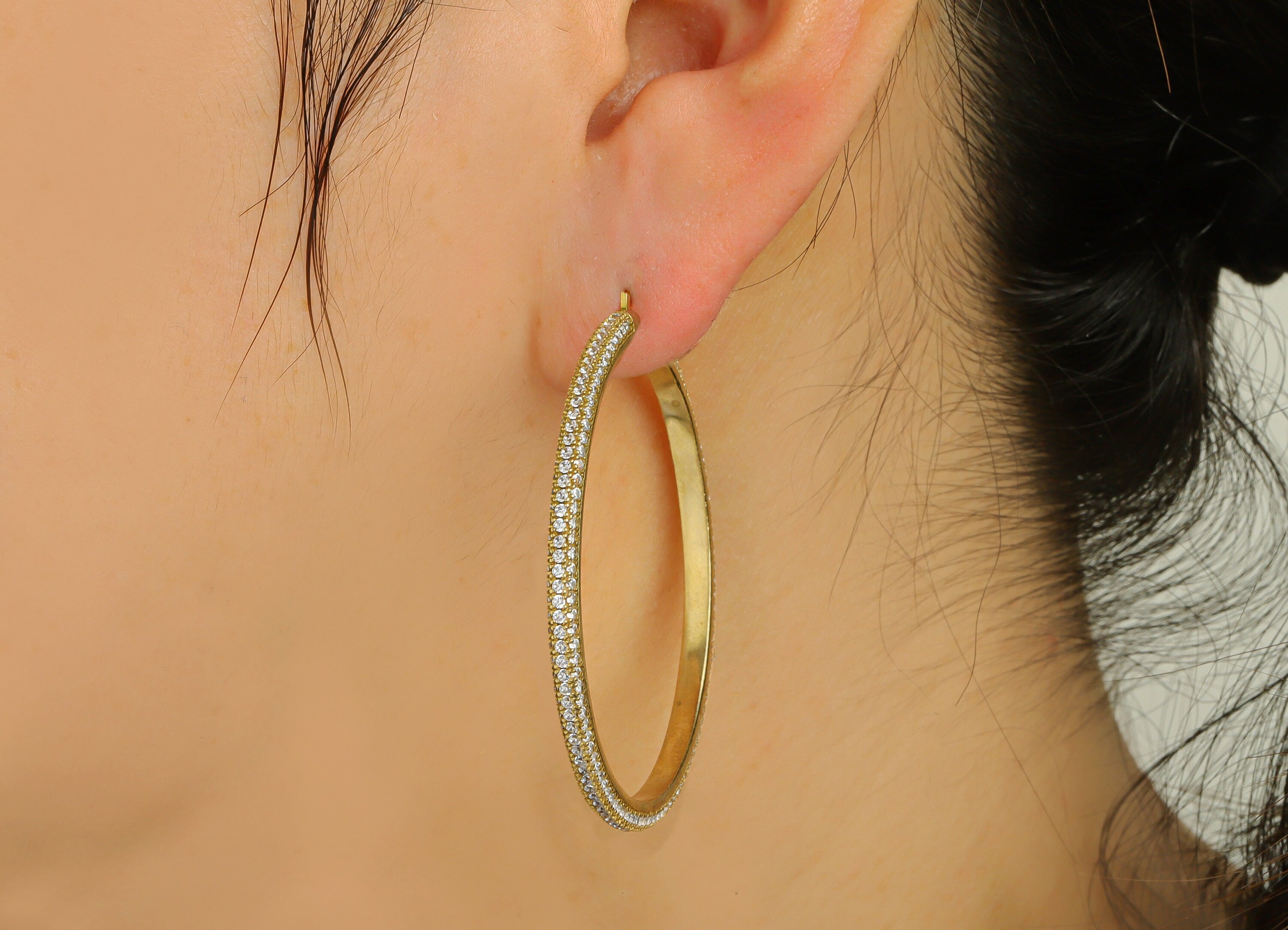 50mm Brass CZ Hoop Earring - Brass Hinged Back Earring - Brass Round Cubic Zircon Earring - CZ Hinged Back Earring - 50x50x2mm - PP10352-50 - DOMEDBAZAAR