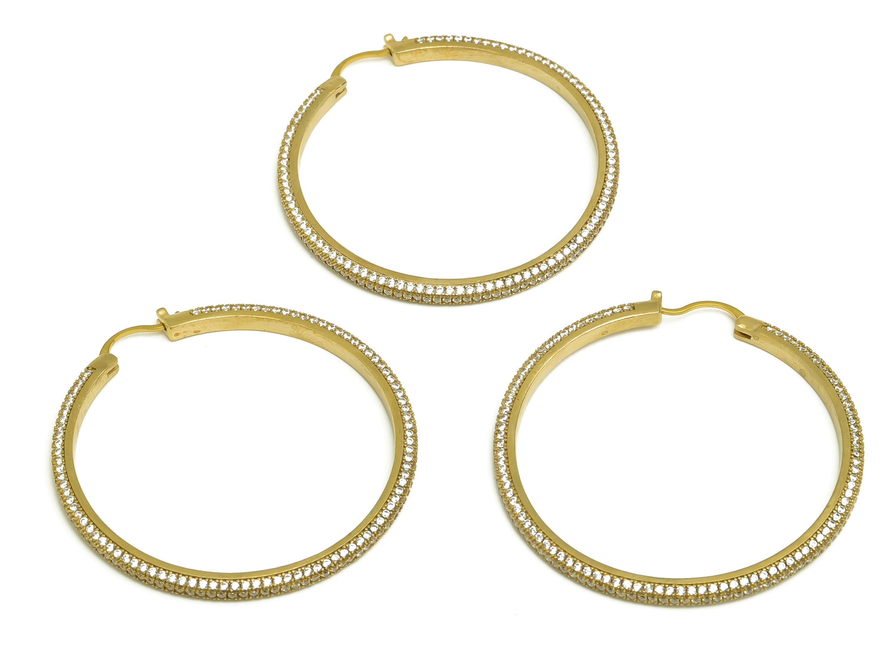 50mm Brass CZ Hoop Earring - Brass Hinged Back Earring - Brass Round Cubic Zircon Earring - CZ Hinged Back Earring - 50x50x2mm - PP10352-50 - DOMEDBAZAAR