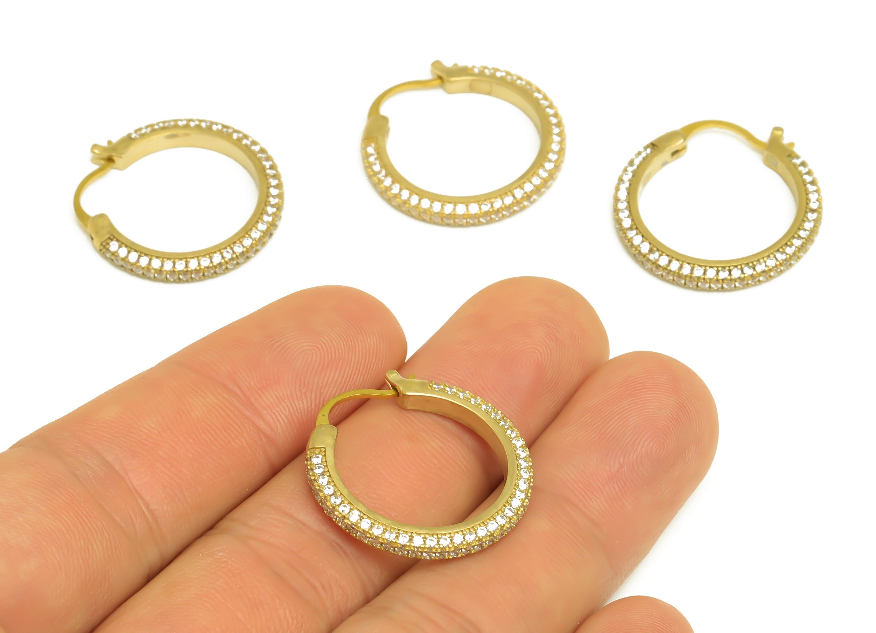 24mm Brass CZ Hoop Earring - Brass Hinged Back Earring - Brass Round Cubic Zircon Earring - CZ Hinged Back Earring - 24x24x2mm - PP10352-24 - DOMEDBAZAAR