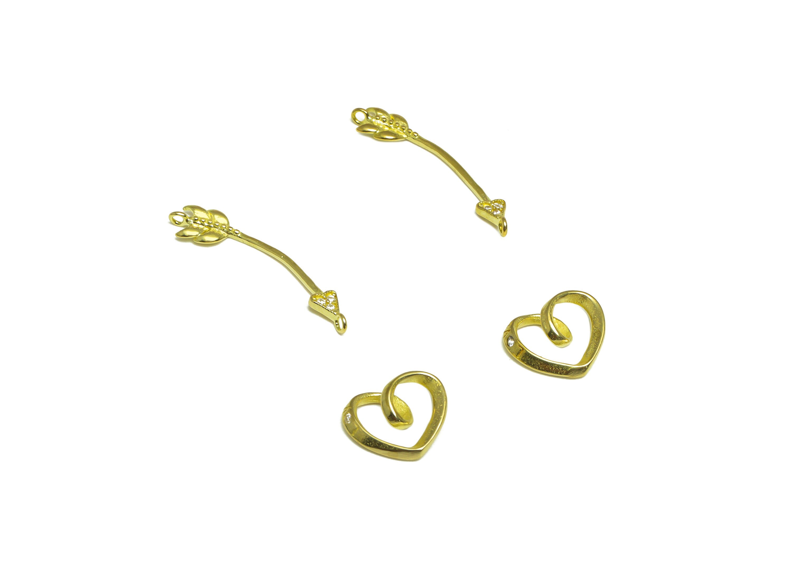 Brass CZ Heart Earring Charm - Raw Brass Arrow Heart Cubic Zircon Earring Charm - Brass Cupid Pendant - 24x5.1x3.8mmm - PP10067 - DOMEDBAZAAR