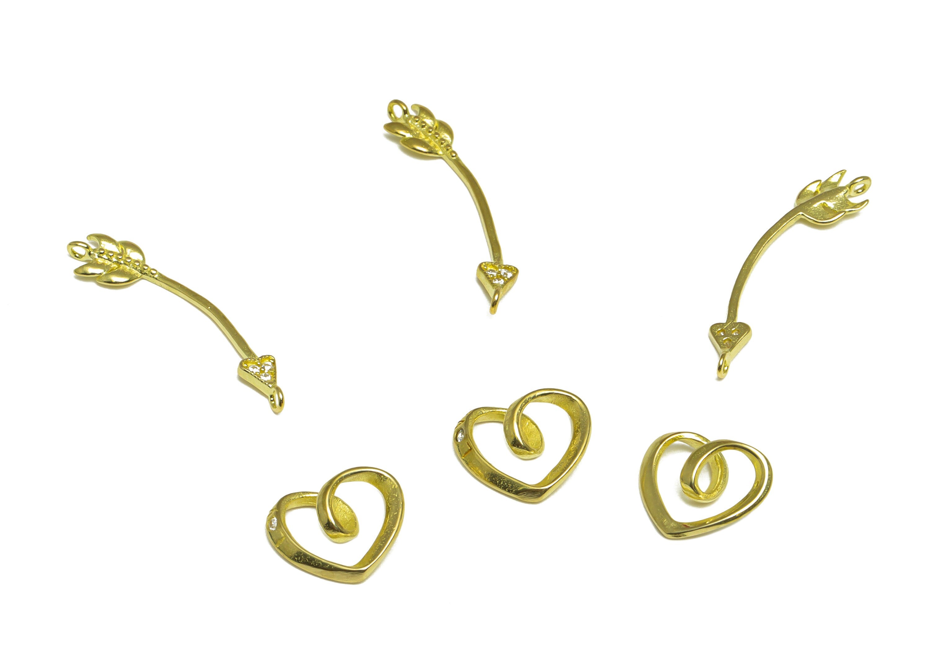 Brass CZ Heart Earring Charm - Raw Brass Arrow Heart Cubic Zircon Earring Charm - Brass Cupid Pendant - 24x5.1x3.8mmm - PP10067 - DOMEDBAZAAR