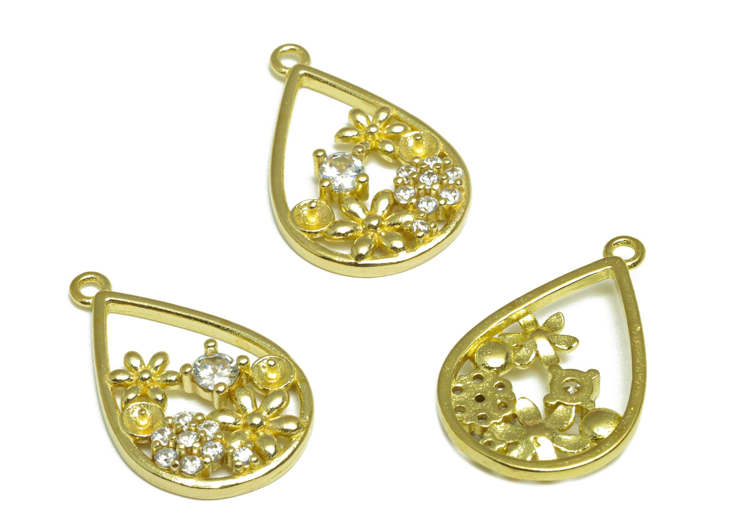 Brass CZ Teardrop Earring Charm - Raw Brass Flower Cubic Zircon Earring Charm - Brass Pearl Setting For Earring Charm - 21x13x3mm - PP10081 - DOMEDBAZAAR
