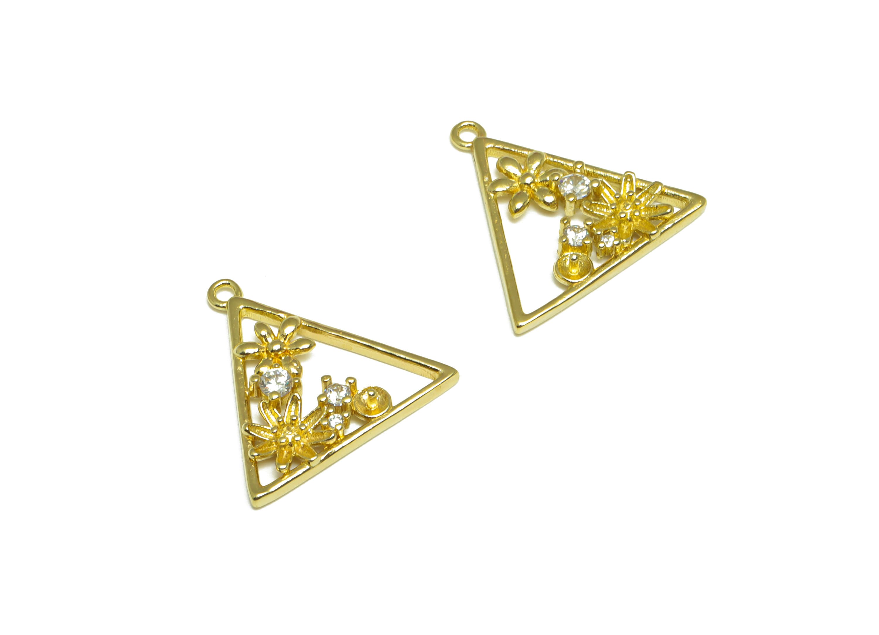 Brass CZ Triangle Earring Charm - Raw Brass Flower Cubic Zircon Earring Charm - Brass Pearl Setting For Earring Charm - 19x19x2mm - PP10083 - DOMEDBAZAAR