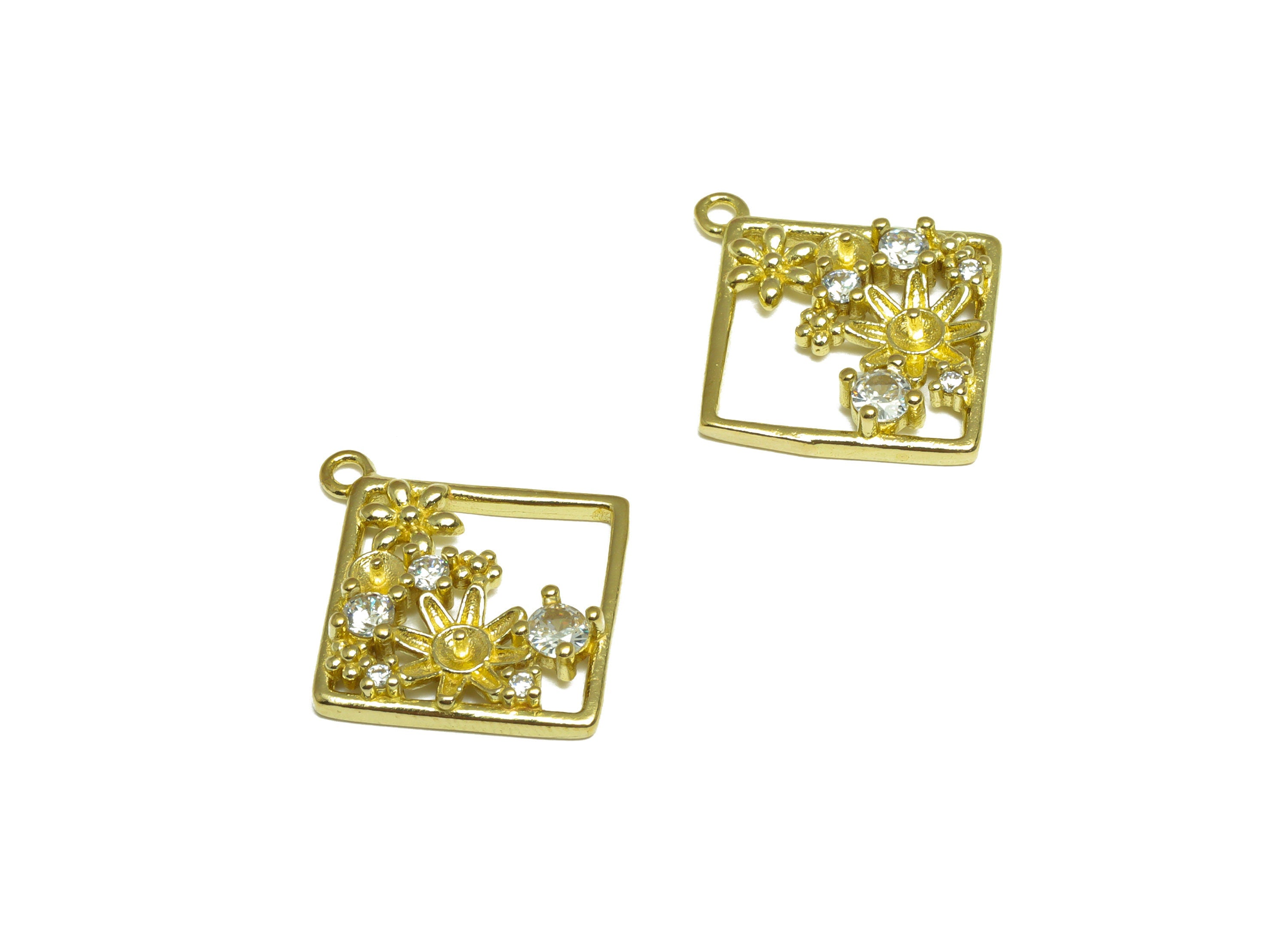Brass CZ Square Earring Charm - Raw Brass Flower Cubic Zircon Earring Charm - Brass Pearl Setting For Earring Charm - 21x18x2.9mm - PP10080 - DOMEDBAZAAR