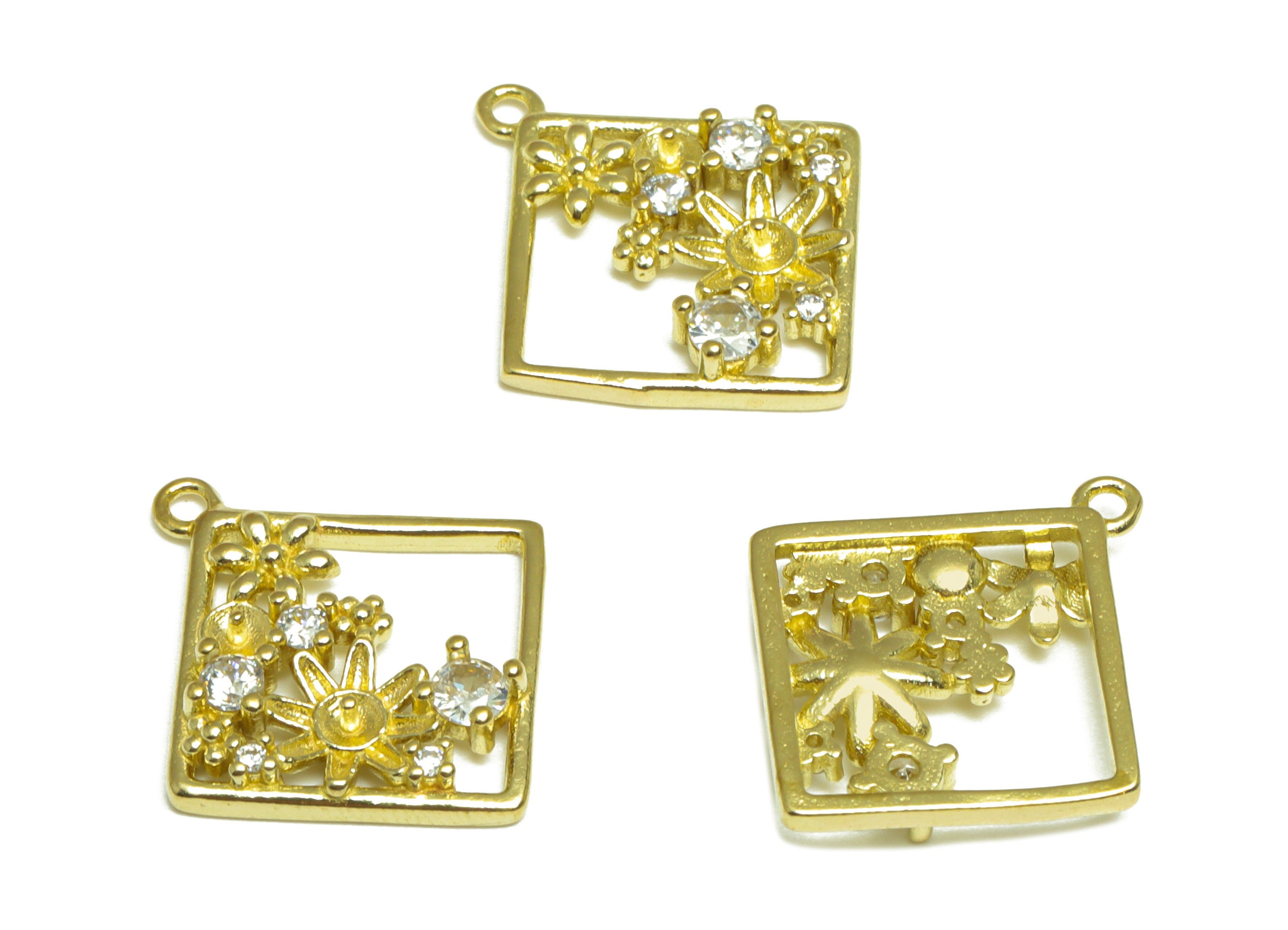 Brass CZ Square Earring Charm - Raw Brass Flower Cubic Zircon Earring Charm - Brass Pearl Setting For Earring Charm - 21x18x2.9mm - PP10080 - DOMEDBAZAAR