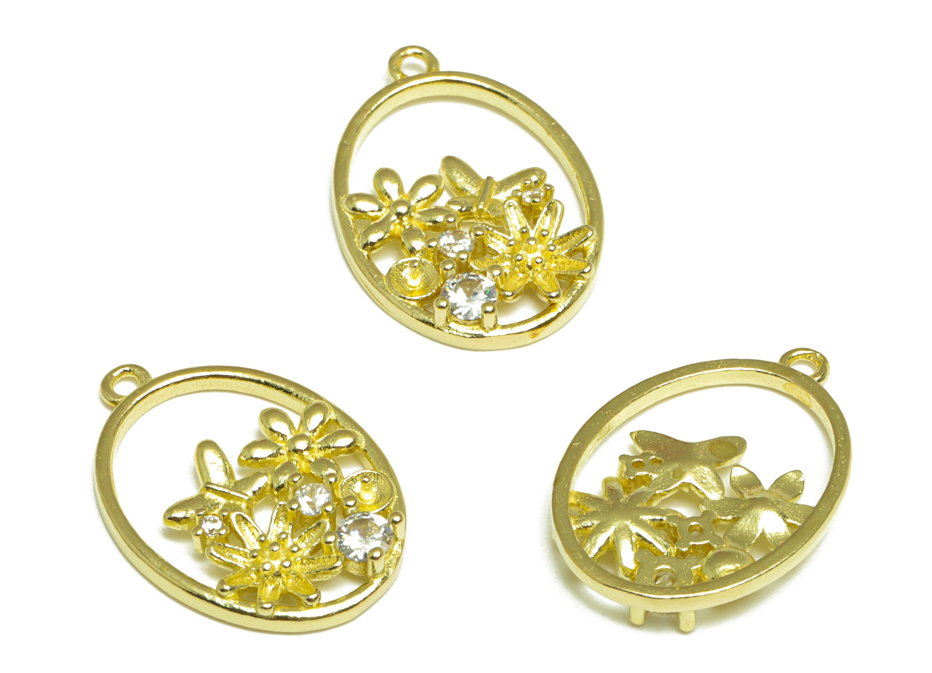 Brass CZ Oval Earring Charm - Raw Brass Flower Cubic Zircon Earring Charm - Brass Pearl Setting For Earring Charm - 20.8x14x2.6mm - PP10082 - DOMEDBAZAAR
