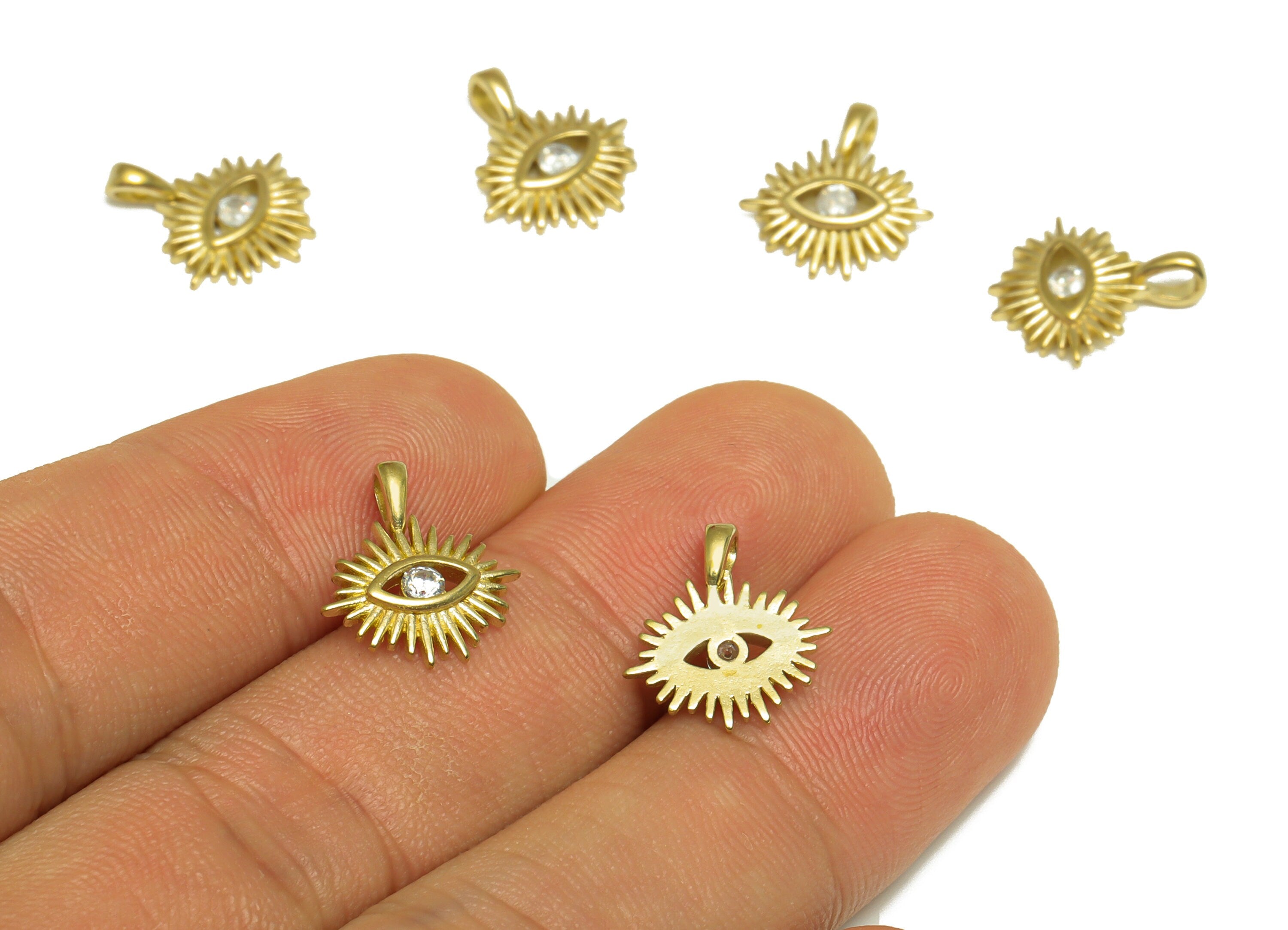 Brass CZ Eye Earring Charm - Raw Brass Eyelash Cubic Zircon Earring Charm - Brass Zircon Eye Earring Charm - 13.7x12.9x1.82mm - PP9912 - DOMEDBAZAAR