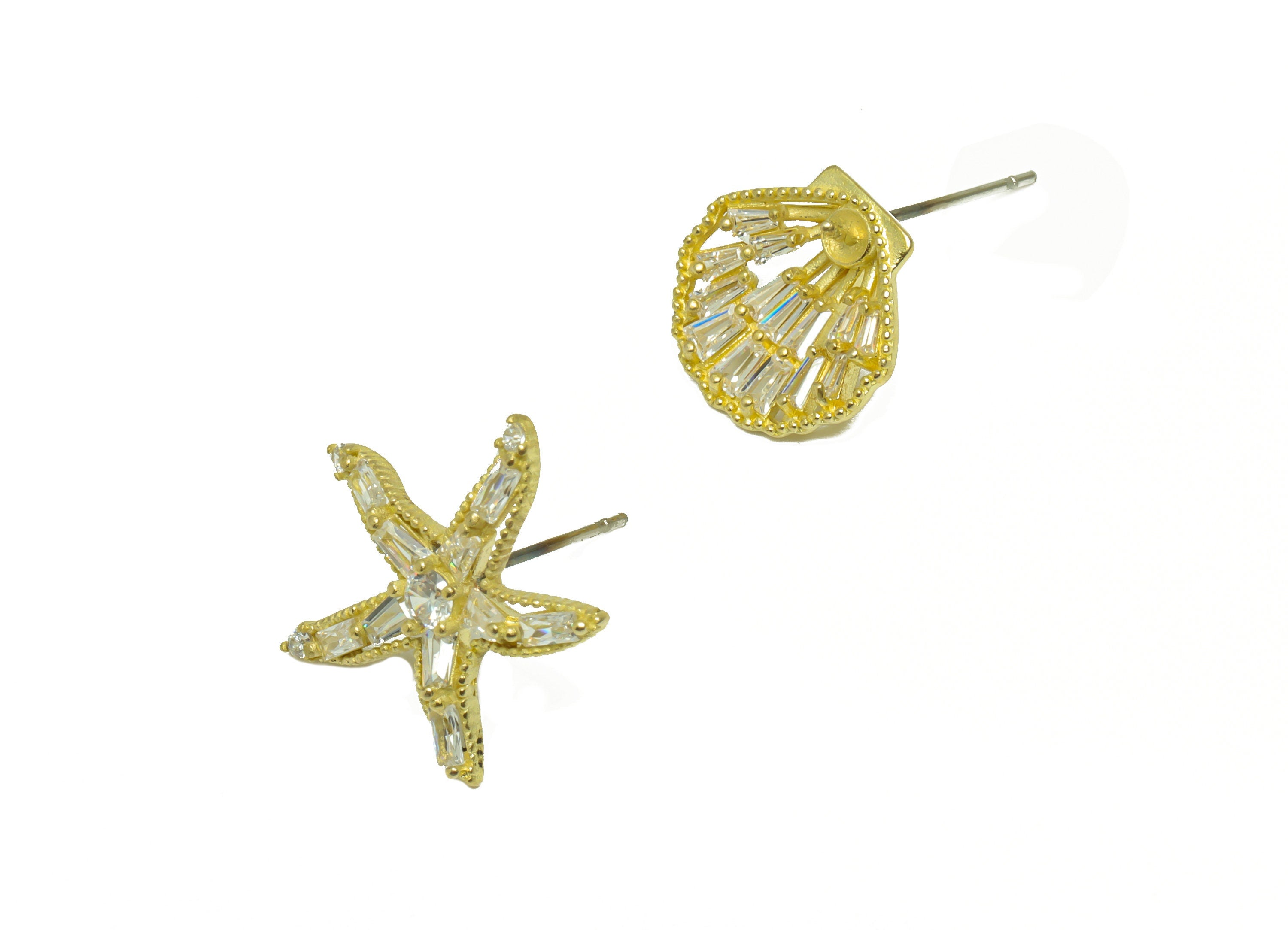 Brass CZ Starfish Earring Post - Brass Shell Earring Stud - Brass Cubic Zircon Marine Earring Post - Brass Marine Post - 19x18x3mm - PP9913 - DOMEDBAZAAR