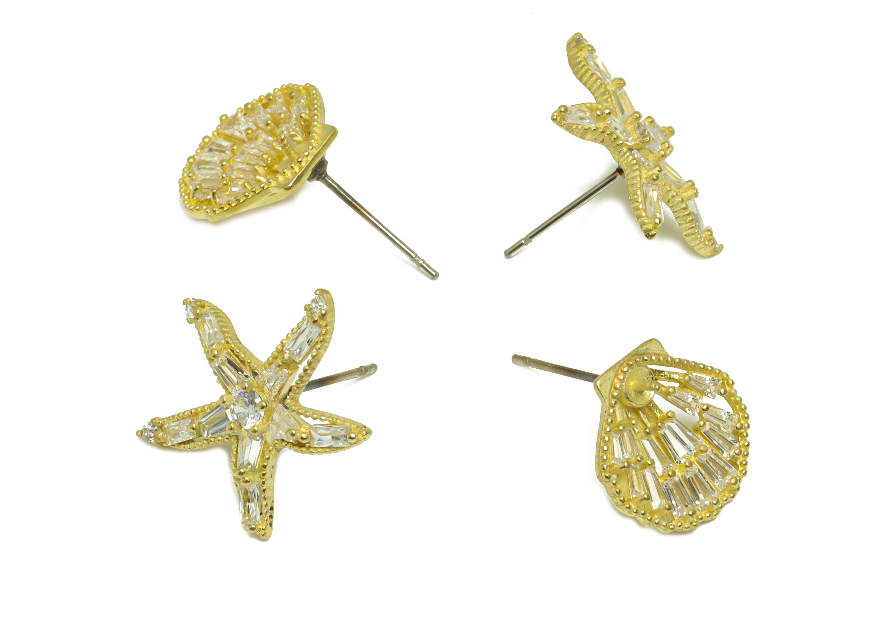 Brass CZ Starfish Earring Post - Brass Shell Earring Stud - Brass Cubic Zircon Marine Earring Post - Brass Marine Post - 19x18x3mm - PP9913 - DOMEDBAZAAR