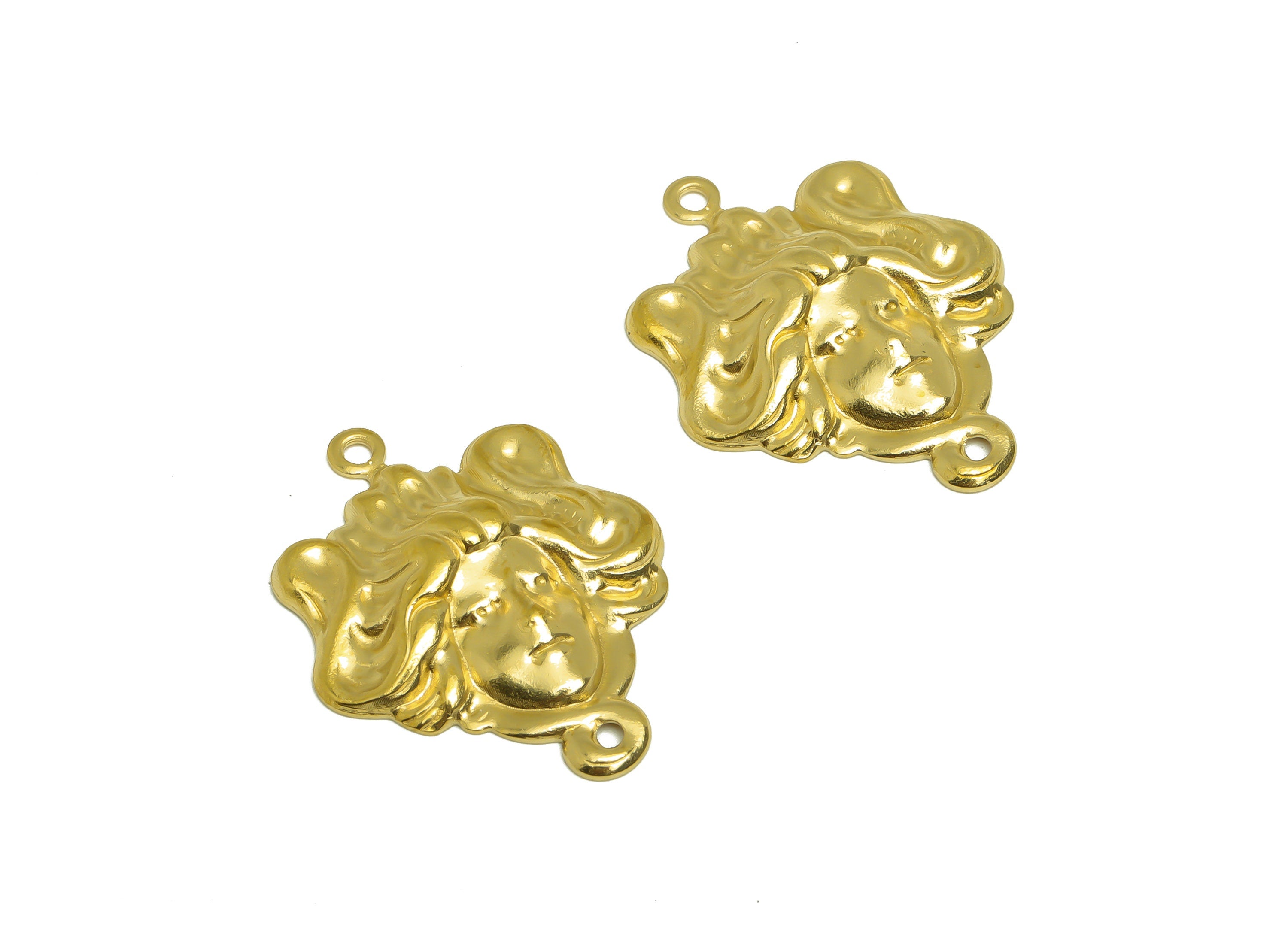 Brass Portrait Earring Charm - Brass Woman Connector - Textured Vintage Looking Earring Charm - Greek Portrait Charm - 31x23x3.7mm - PP10426 - DOMEDBAZAAR