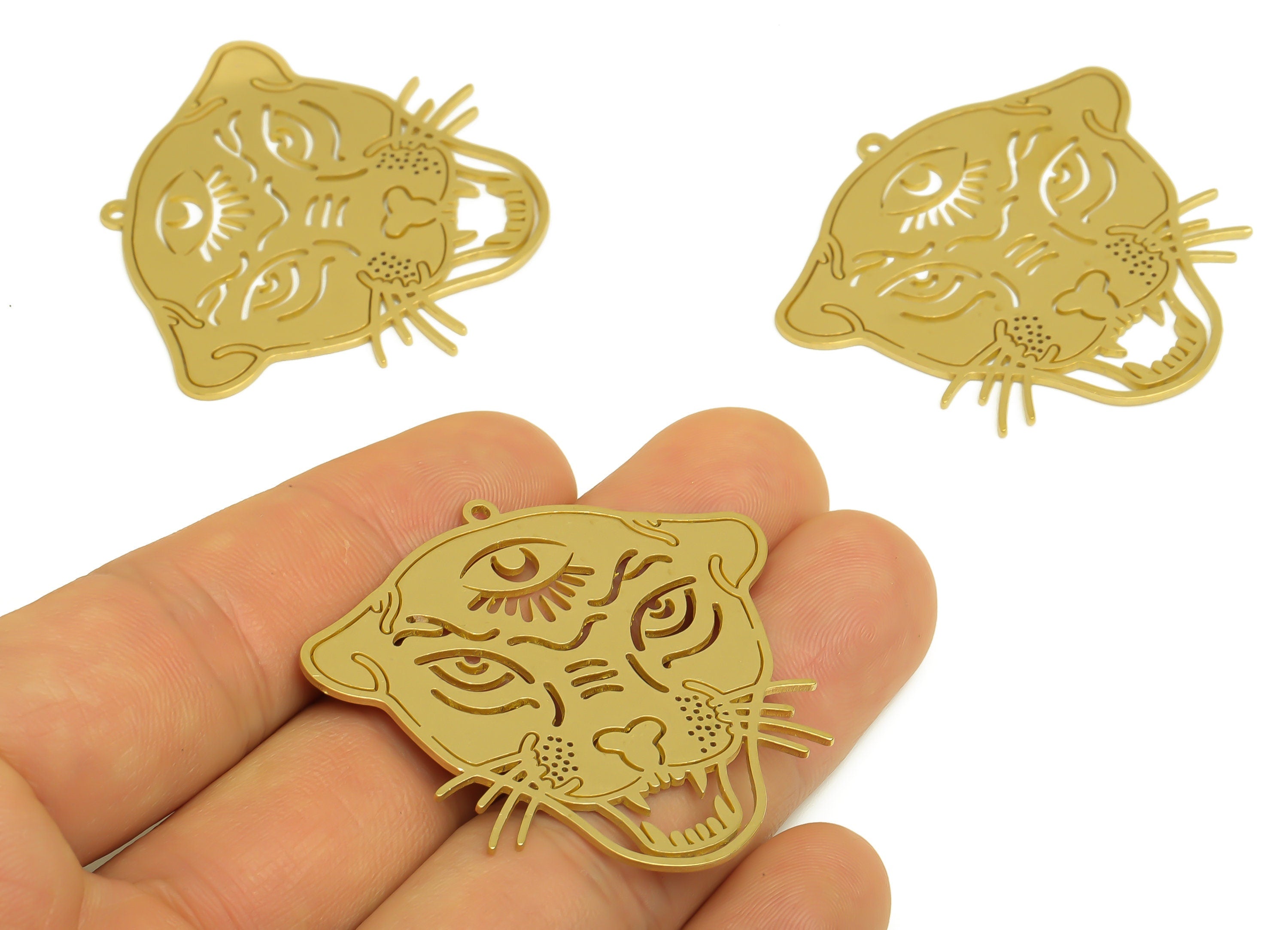 Brass Leopard Head Earring Charm - Raw Brass Animal Hollow Jaguar Earring - Leopard Pendant With Loop - For Necklace - 45x43x0.9mm - PP10366 - DOMEDBAZAAR