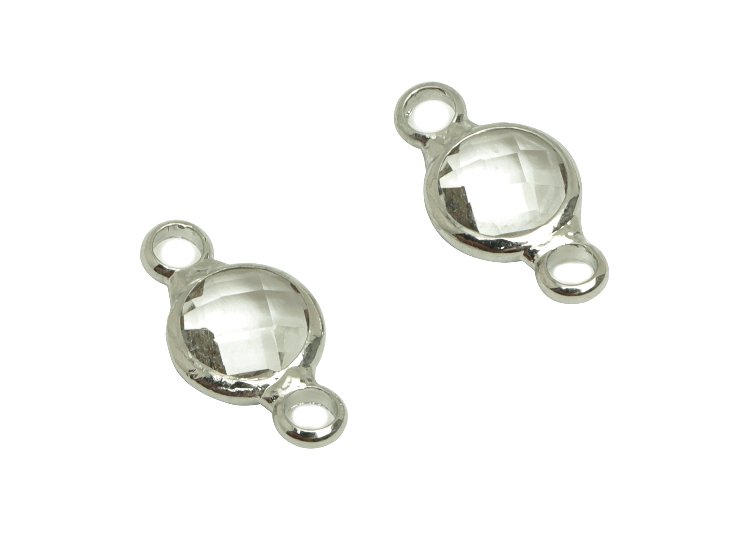 Brass Clear Glass Earring Connector - Round Frame Bracelet Charm - Silver Tone Plating Clear - Faceted Transparent Glass - 12x6x2mm -GS1139C - DOMEDBAZAAR