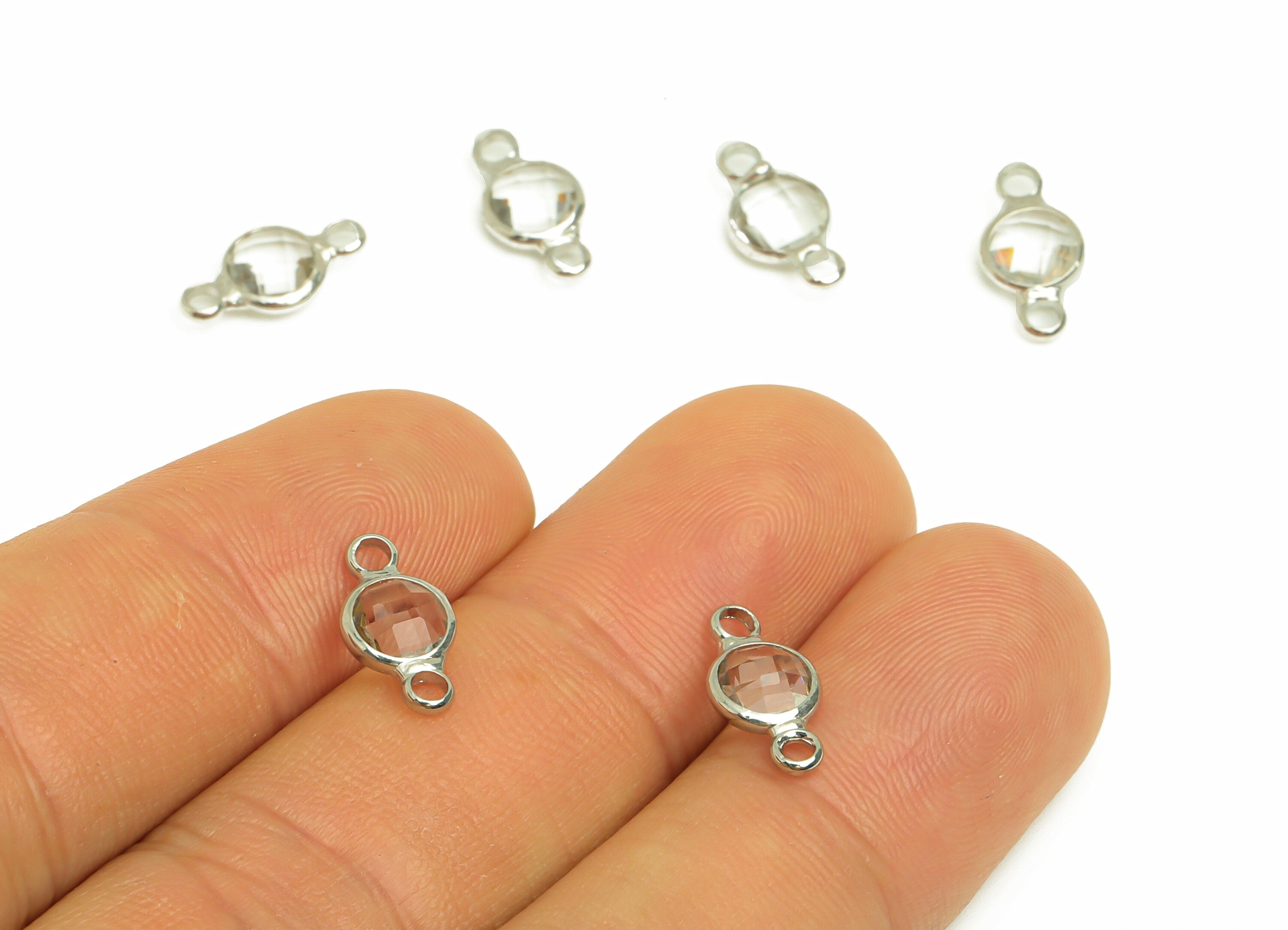Brass Clear Glass Earring Connector - Round Frame Bracelet Charm - Silver Tone Plating Clear - Faceted Transparent Glass - 12x6x2mm -GS1139C - DOMEDBAZAAR