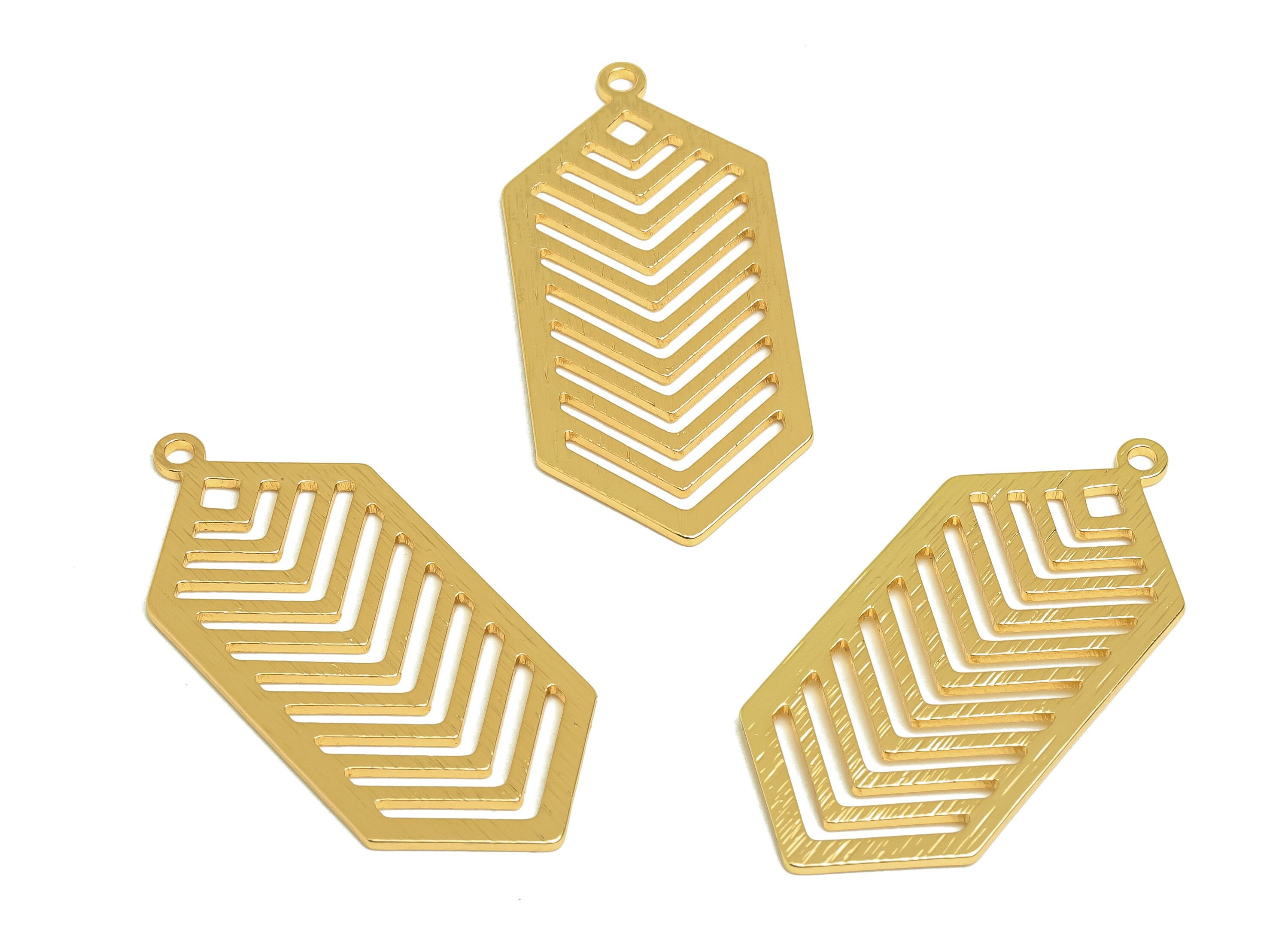 Brass Hexagon Charms - Raw Brass Textured Hexagon Earring Charm - Brass Geometry Pendant - Kc Gold Tone Plating - 43x19x1.2mm - PP10447 - DOMEDBAZAAR