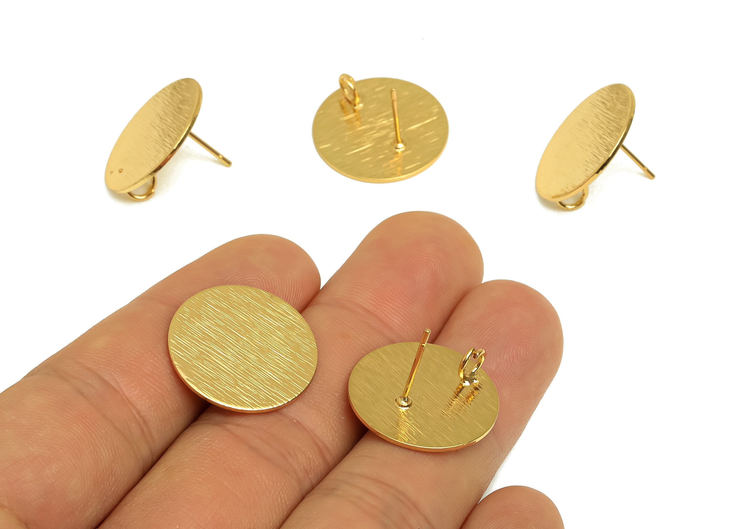 Brass Round Earring Stud - Raw Brass Textured Circle Earring Post - Brass Circle Post With Loop - Kc Gold Tone Plating - 20x20x1mm - PP10443 - DOMEDBAZAAR