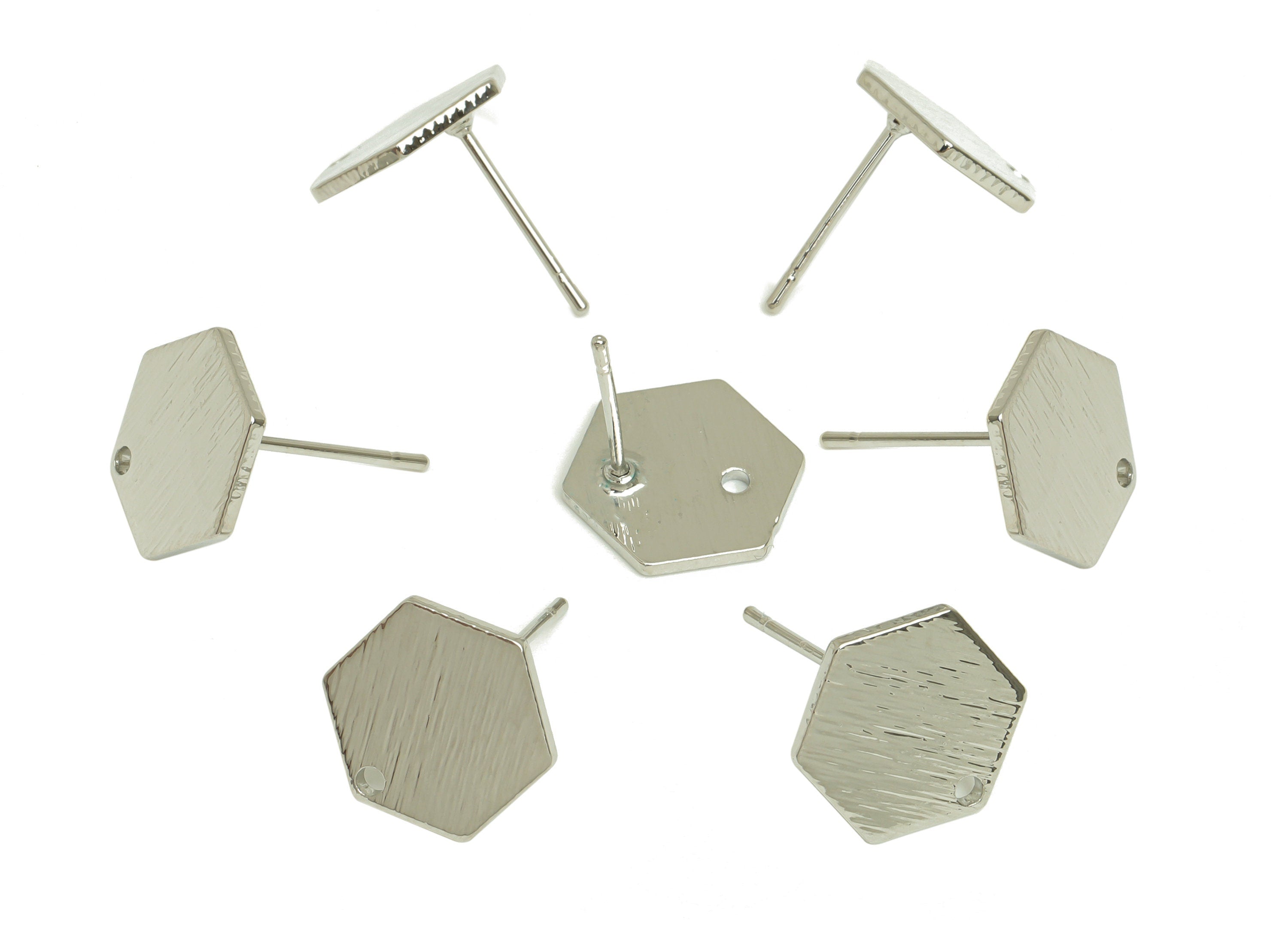 Brass Hexagon Earring Post - Brass Hexagon Earring Stud - 316 Stainless Steel Stud - 18K Real White Gold Plated - 13.6x12.8x1.1mm - RGP5181S - DOMEDBAZAAR