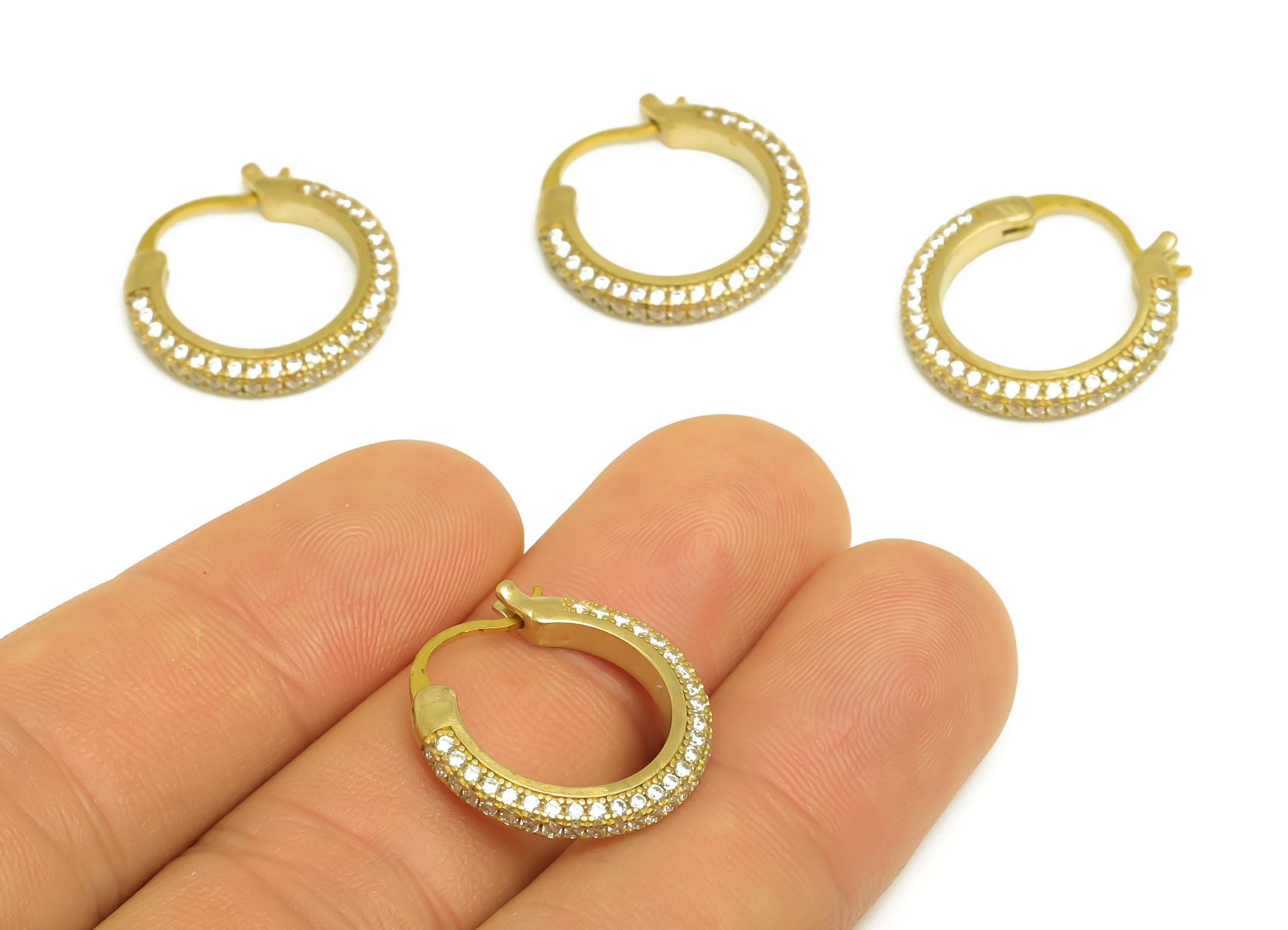 20mm Brass CZ Hoop Earring - Brass Hinged Back Earring - Brass Round Cubic Zircon Earring - CZ Hinged Back Earring - 20x20x2mm - PP10352-20 - DOMEDBAZAAR