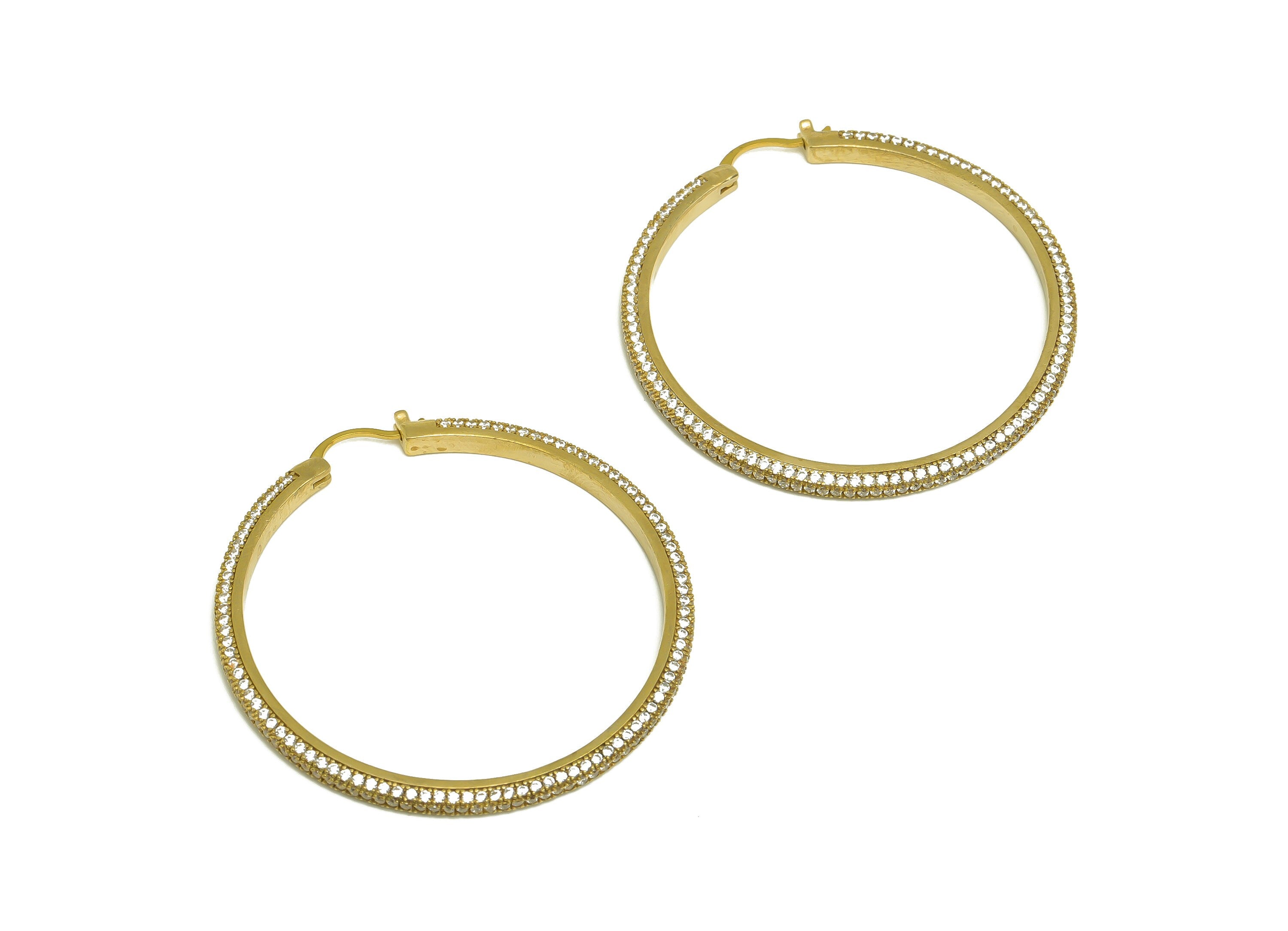 50mm Brass CZ Hoop Earring - Brass Hinged Back Earring - Brass Round Cubic Zircon Earring - CZ Hinged Back Earring - 50x50x2mm - PP10352-50 - DOMEDBAZAAR