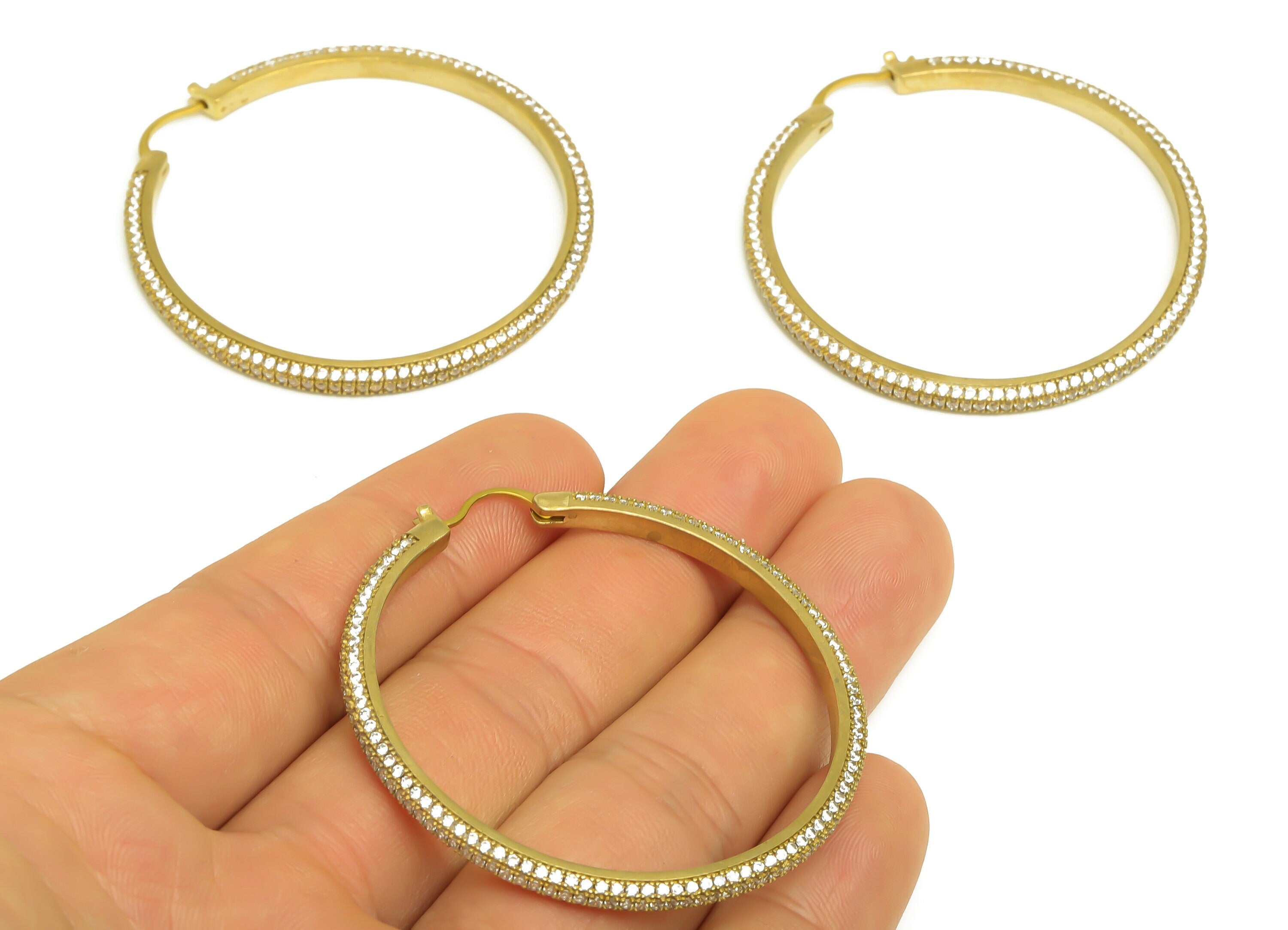 50mm Brass CZ Hoop Earring - Brass Hinged Back Earring - Brass Round Cubic Zircon Earring - CZ Hinged Back Earring - 50x50x2mm - PP10352-50 - DOMEDBAZAAR
