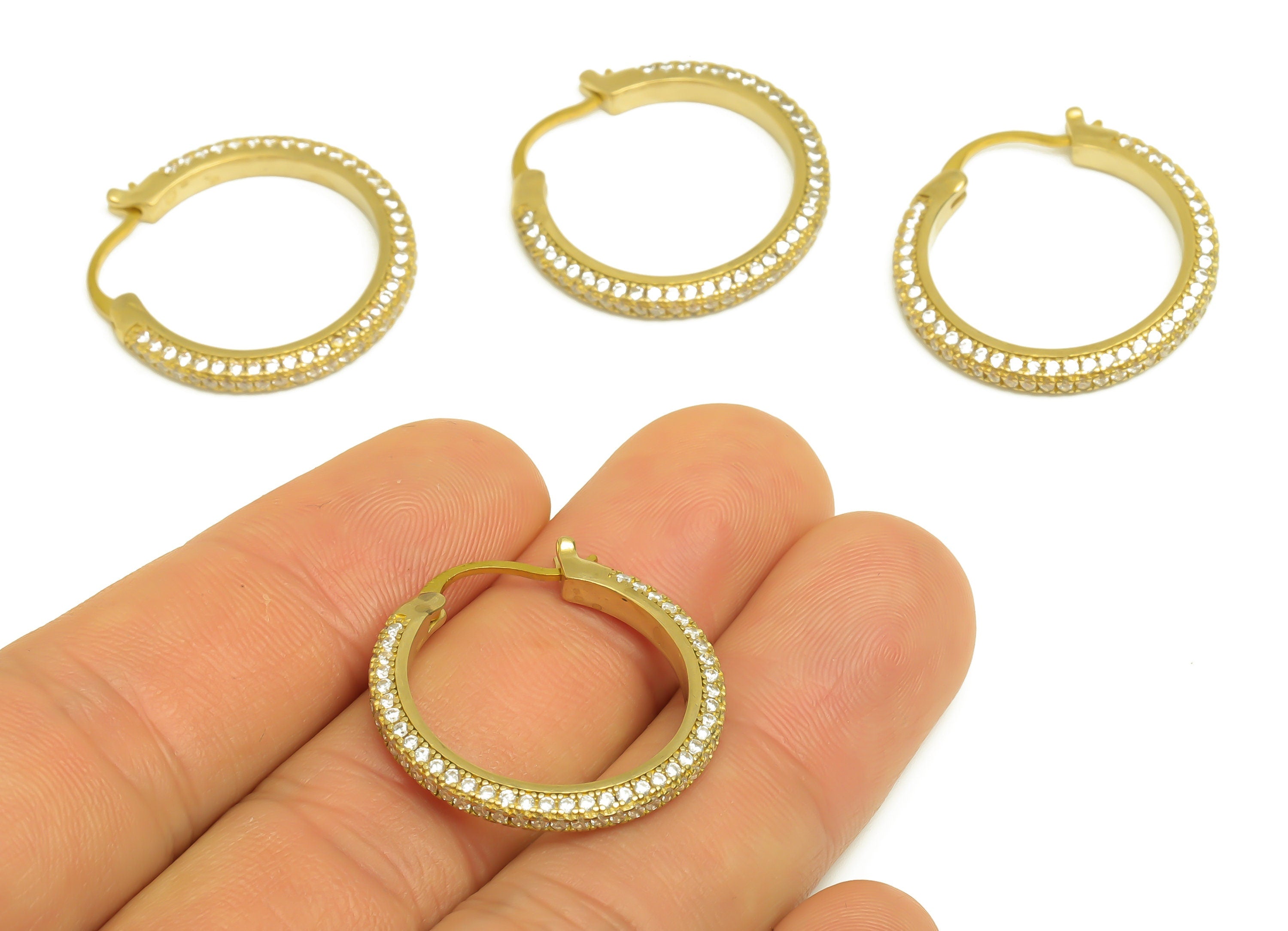 26mm Brass CZ Hoop Earring - Brass Hinged Back Earring - Brass Round Cubic Zircon Earring - CZ Hinged Back Earring - 26x26x2mm - PP10352-26 - DOMEDBAZAAR