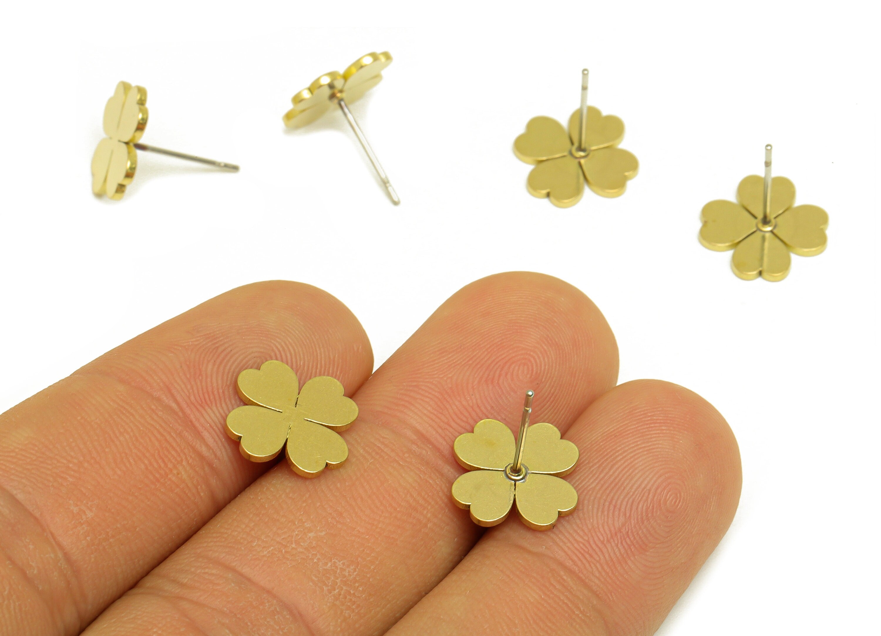 Brass Four Leaf Clover Earrings Stud - Raw Brass Heart Earring Post - Brass Flower Earring Post - Brass Heart Post - 10.9x10.9x1mm - PP10481 - DOMEDBAZAAR