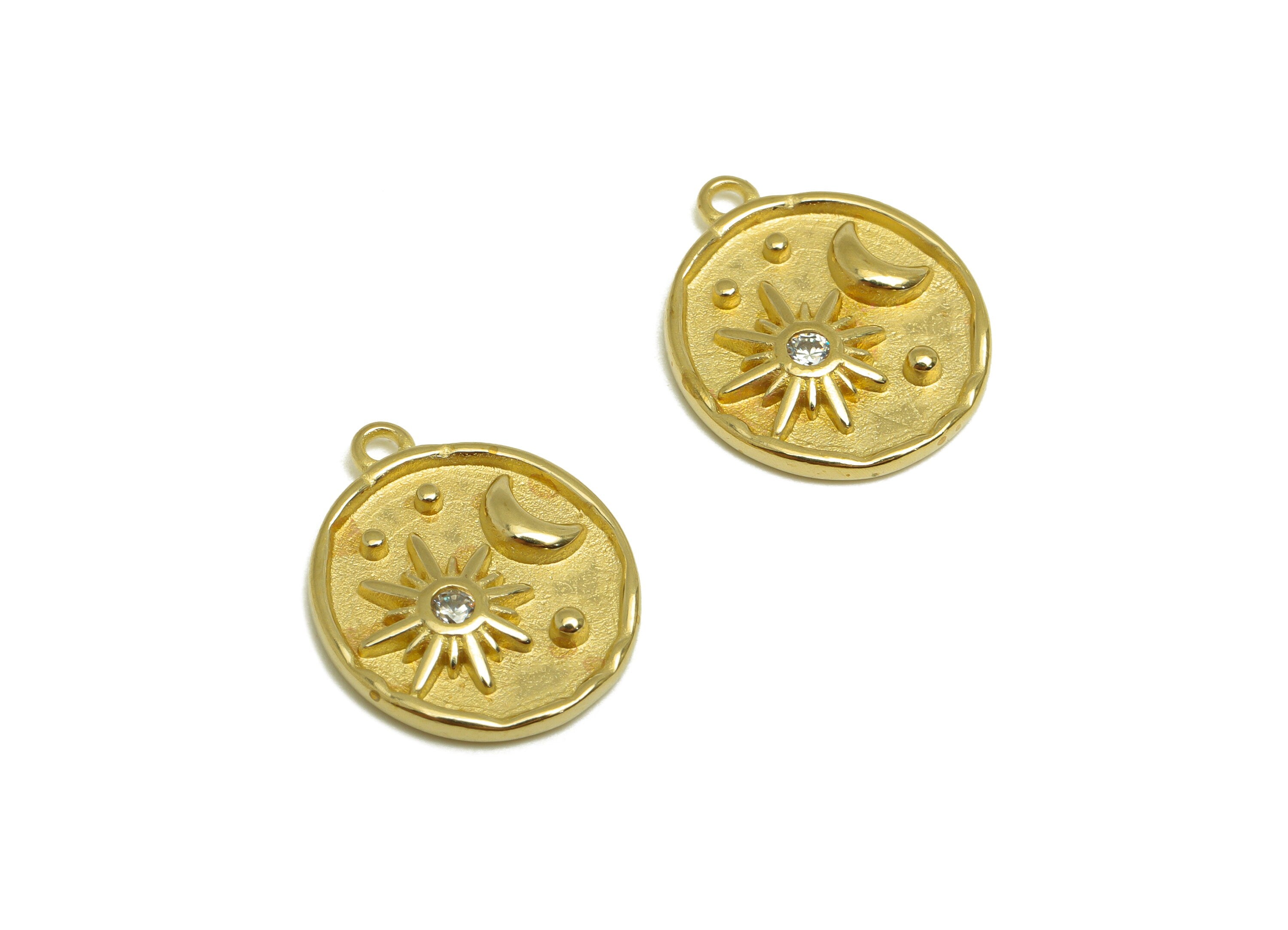 Brass CZ Sun Earring Charm - Raw Brass Crescent Earring Charm - Brass Space Celestial Pendant - Brass Cubic Zircon Charm - 19x13x3mm-PP10488 - DOMEDBAZAAR