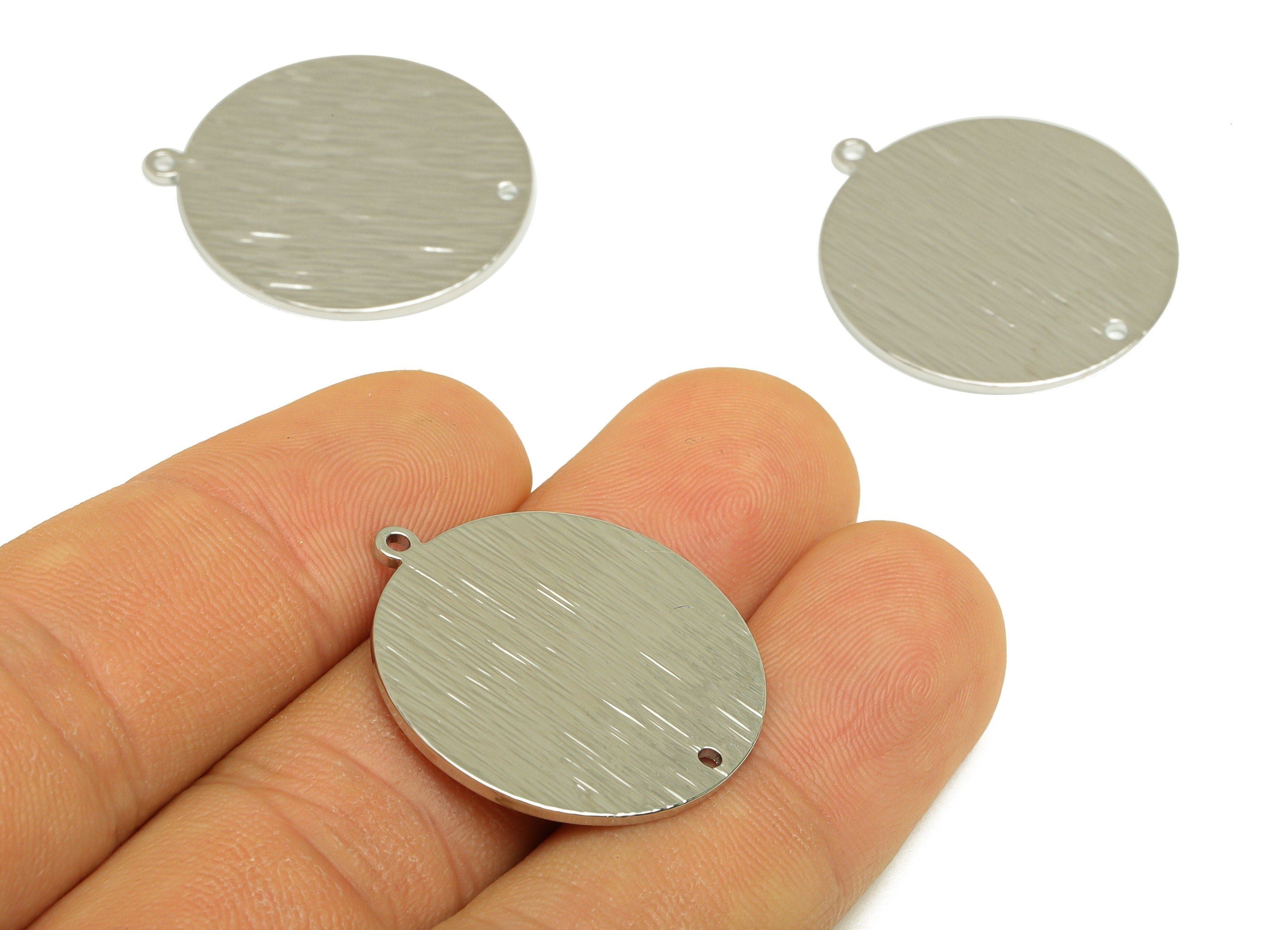 Brass Round Earring Connector - Brass Silver Circle Pendant - Textured Earring Charm - Standard Silver Tone Plating - 27x25x1mm - PP10446S - DOMEDBAZAAR
