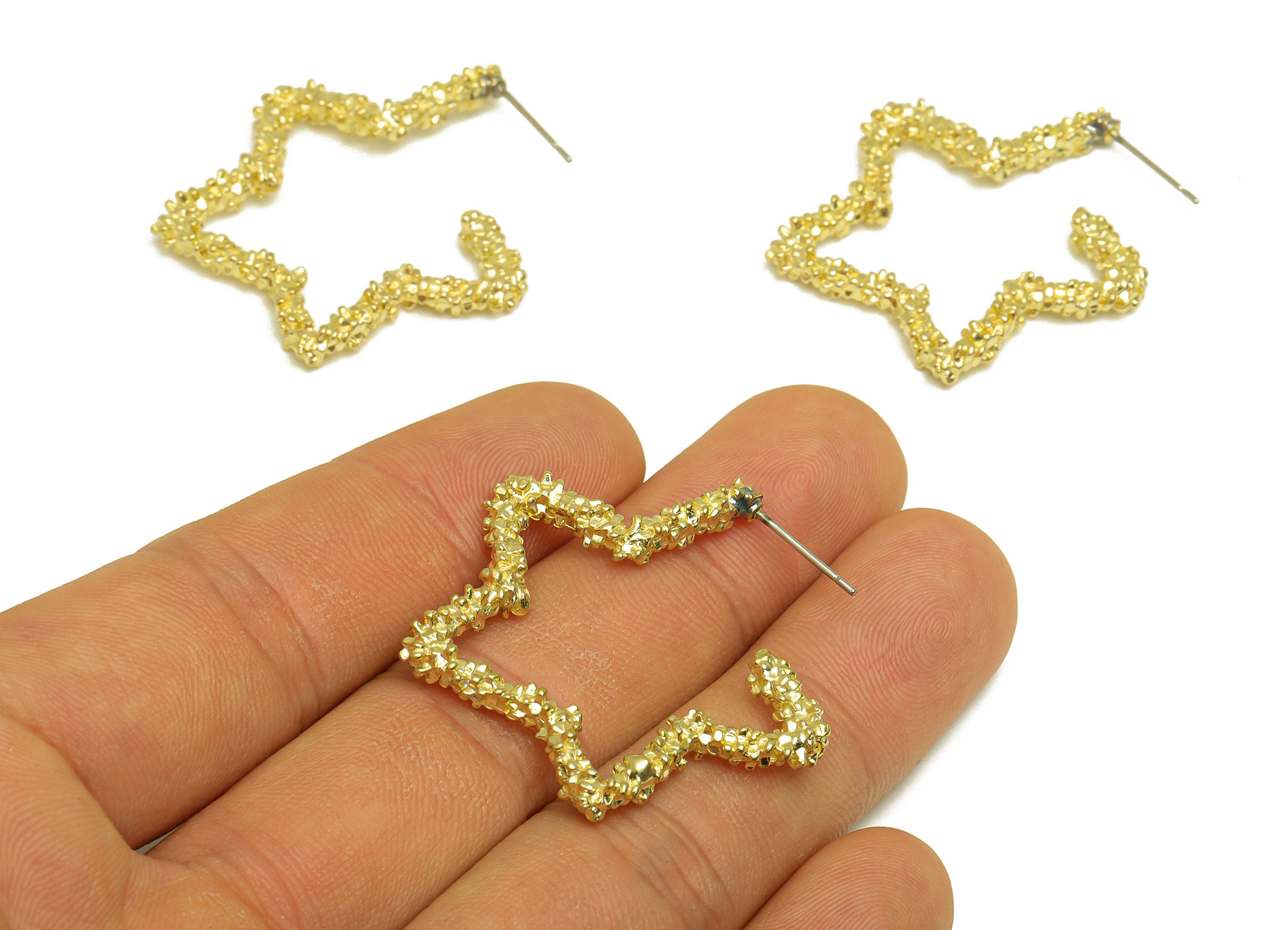 Brass Star Hoop Earring Stud - Raw Brass Textured Flower Earring Post - Textured Star Earring Post - Open Star Post - 34x33x3mm - PP10492 - DOMEDBAZAAR