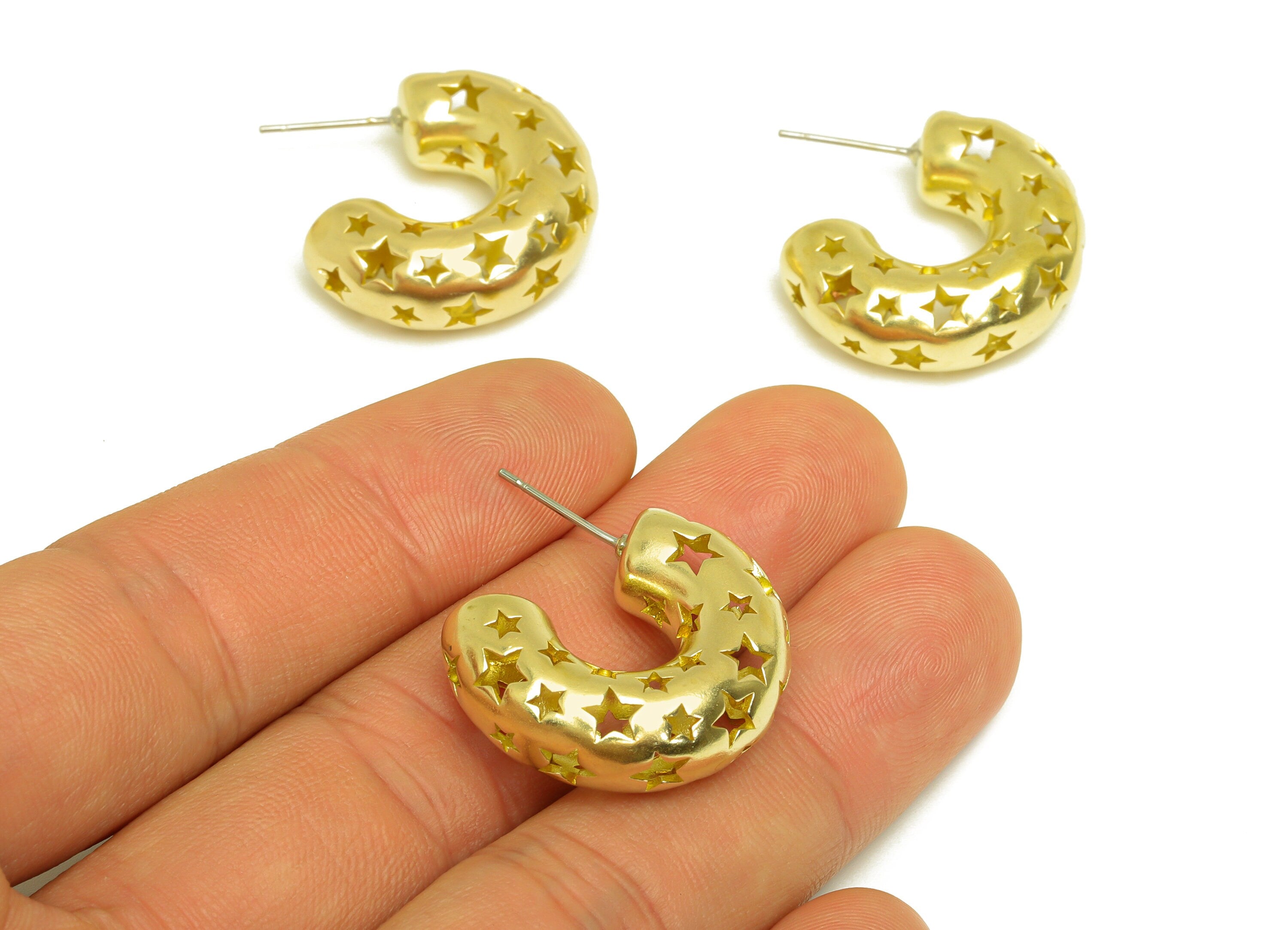 26mm Thick C Hoop Earring Stud - Raw Brass Hoop Earring Post - C Thick Hoop Star Earring Post - Hollow Hoop Earring - 26x21x9mm - PP10508 - DOMEDBAZAAR