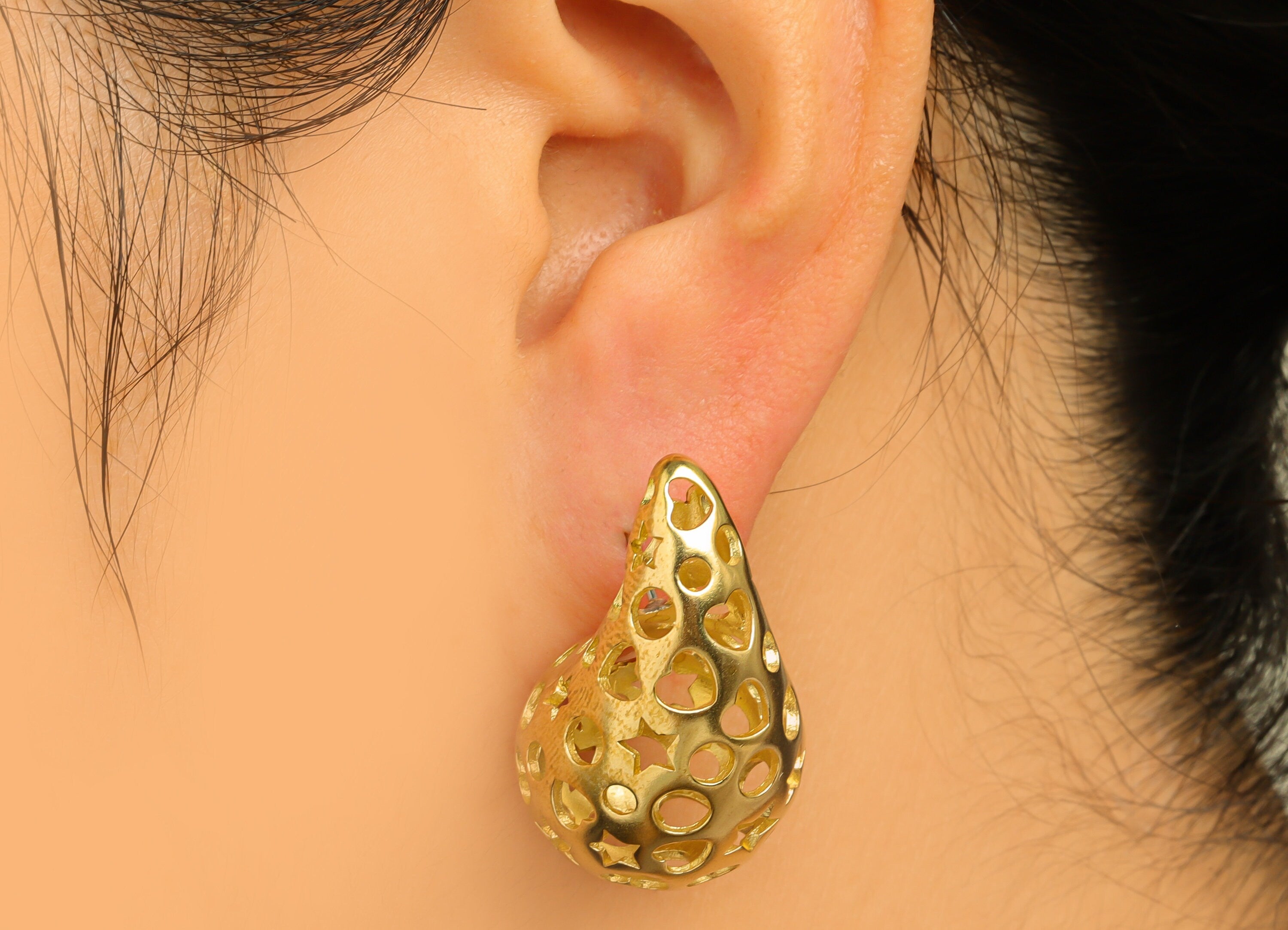 32mm Thick Drop Earring Stud - Raw Brass Heart Earring Post - Teardrop Star Earring Post - Hollow Teardrop Earring - 32x19.6x18mm - PP10509 - DOMEDBAZAAR
