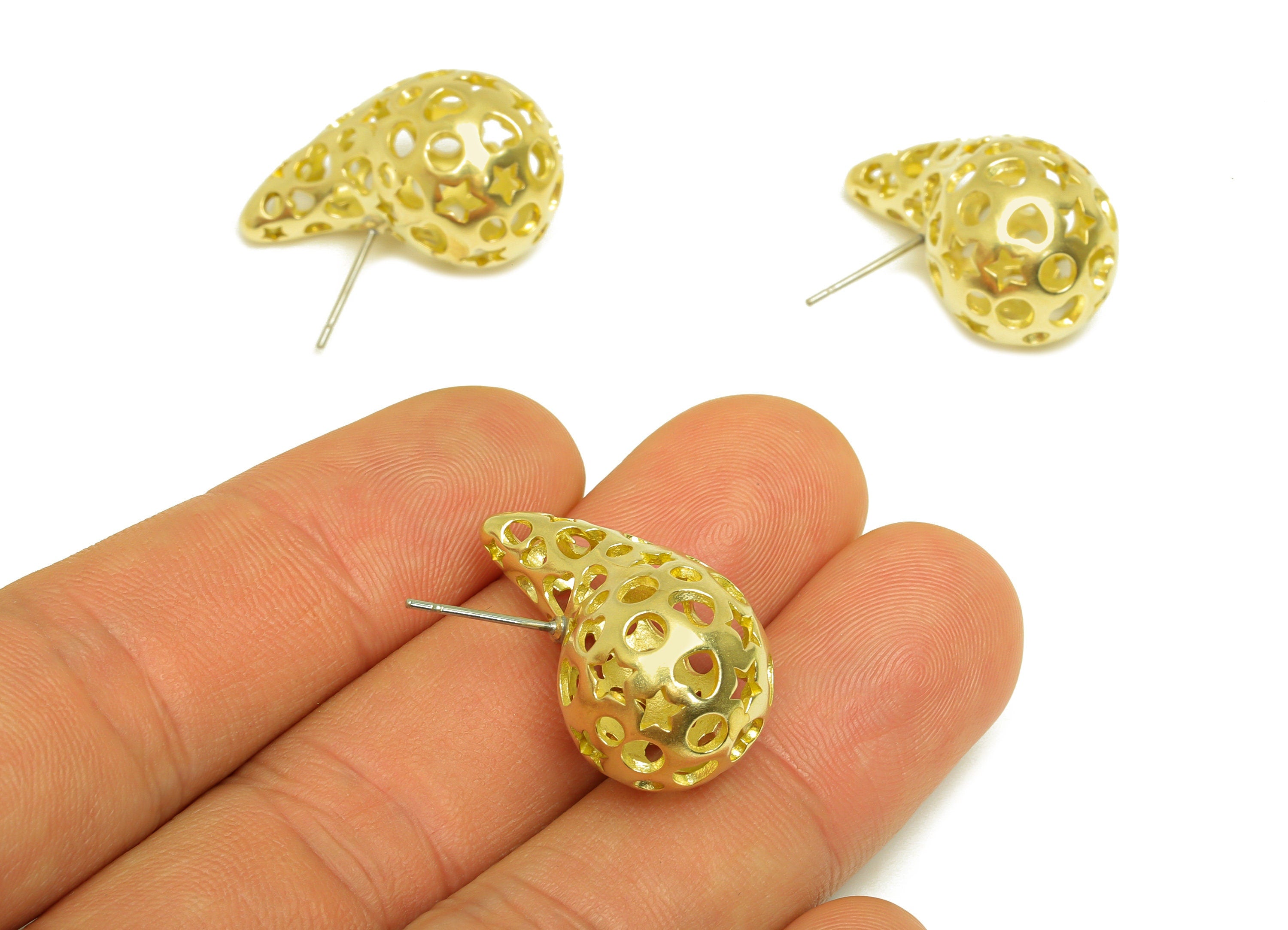 26mm Thick Drop Earring Stud - Raw Brass Heart Earring Post - Teardrop Star Earring Post - Hollow Teardrop Earring - 26x16x15mm - PP10510 - DOMEDBAZAAR