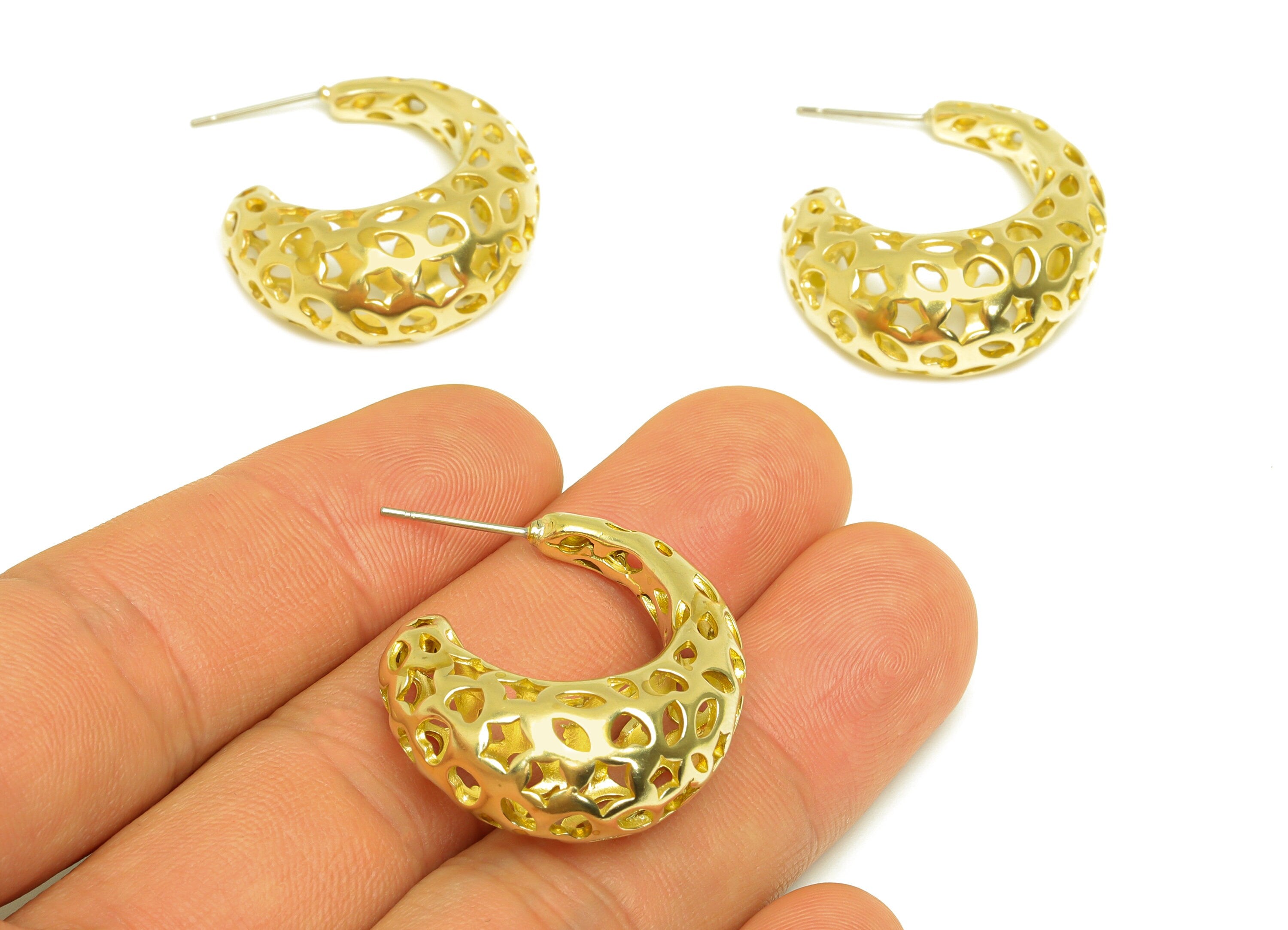 30mm Thick Hoop Earring Stud - Raw Brass Drop Marquise Earring Post - Heart Teardrop Hoop Star Earring Post Earring - 30x26x12mm - PP10517 - DOMEDBAZAAR