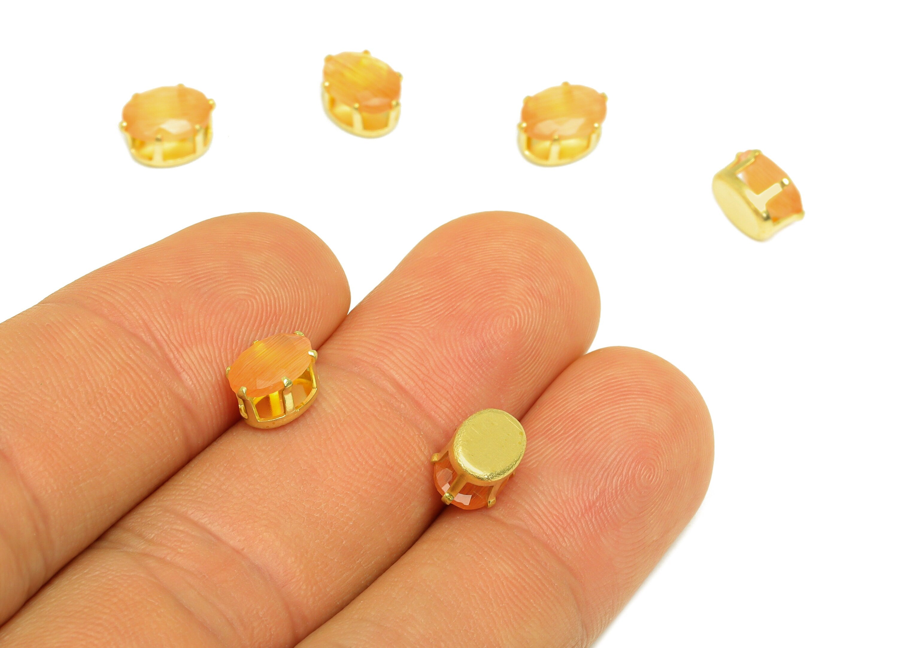 6x8mm Brass CZ Oval Earring Charm - Raw Brass Orange Diamond Pendant - Brass Cat Eye Cubic Zircon Diamond Charm  - 8x6x5mm - PP10537 - DOMEDBAZAAR