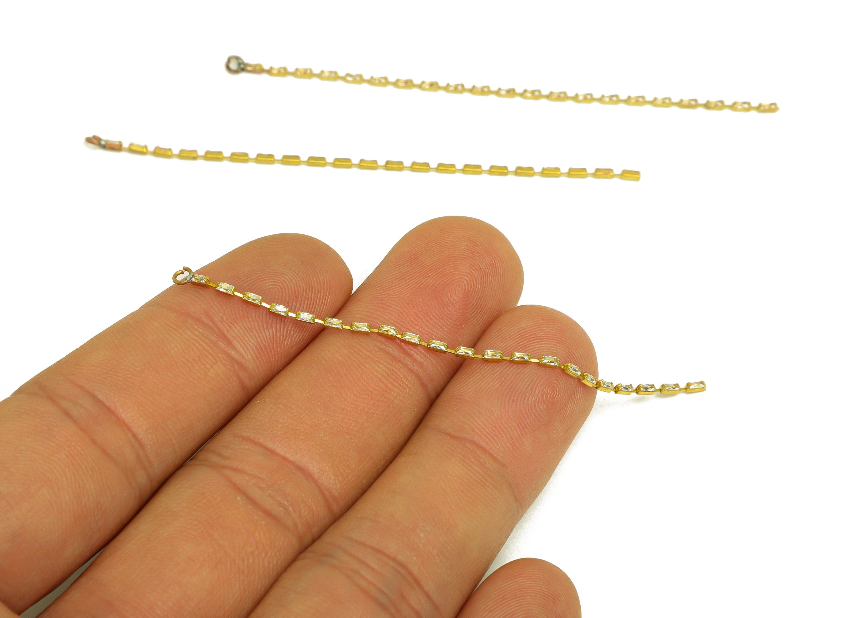7cm Brass CZ Tassel Earring Charm - Brass Rectangle Zircon Tassel Charms - Brass Cubic Zircon Chain Dangle Charm - 7x1x1.3mm - PP10631-7 - DOMEDBAZAAR