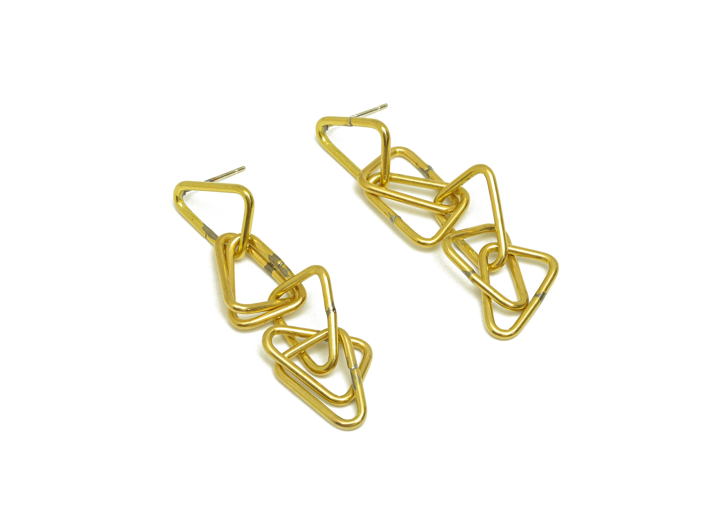 Brass Dangle Triangle Earring Stud - Raw Brass Interlock Earring Post - Brass Dangle Triangle Earring Post - Silver Stud - 47x12x1mm-PP10599 - DOMEDBAZAAR