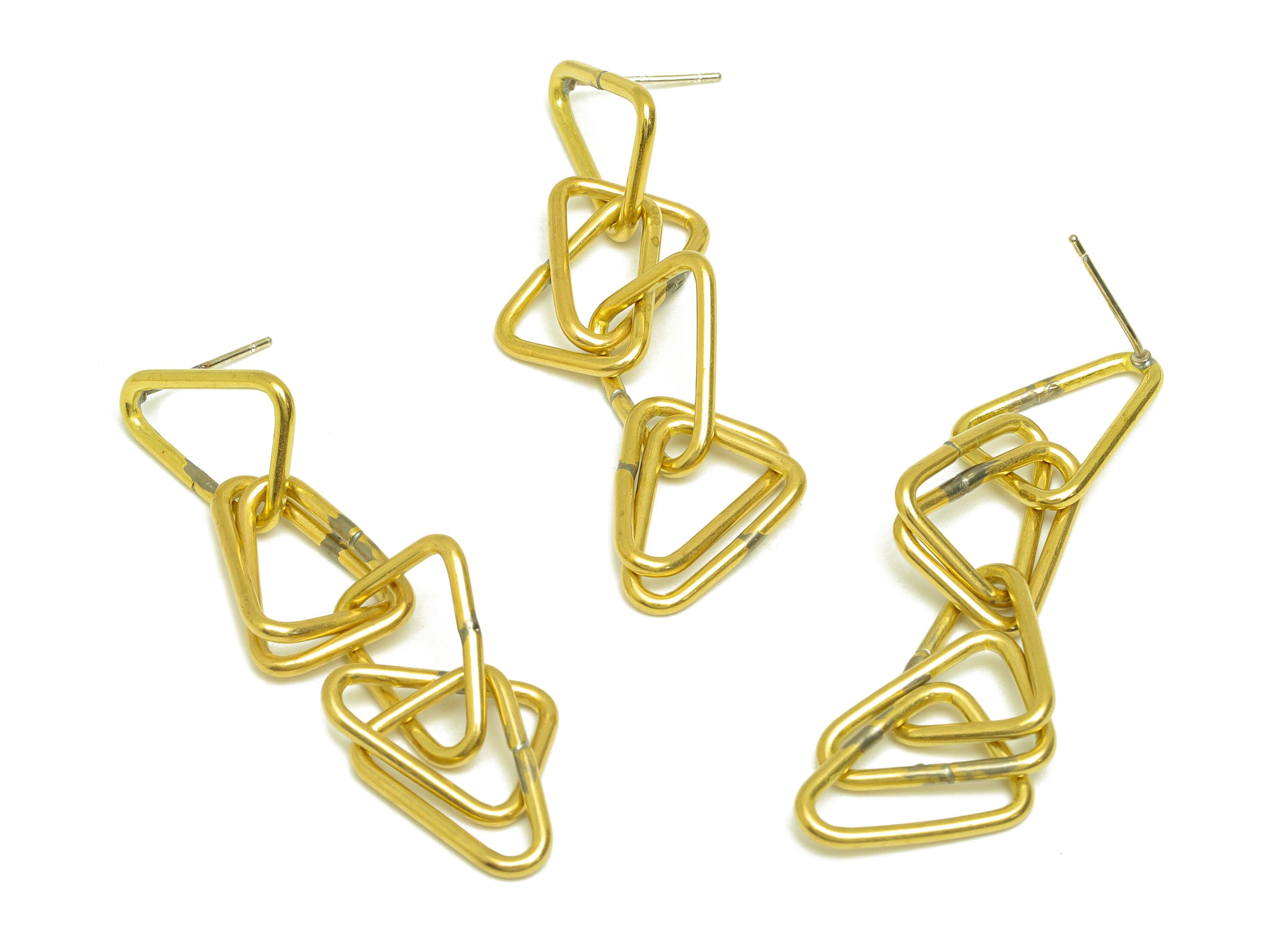 Brass Dangle Triangle Earring Stud - Raw Brass Interlock Earring Post - Brass Dangle Triangle Earring Post - Silver Stud - 47x12x1mm-PP10599 - DOMEDBAZAAR