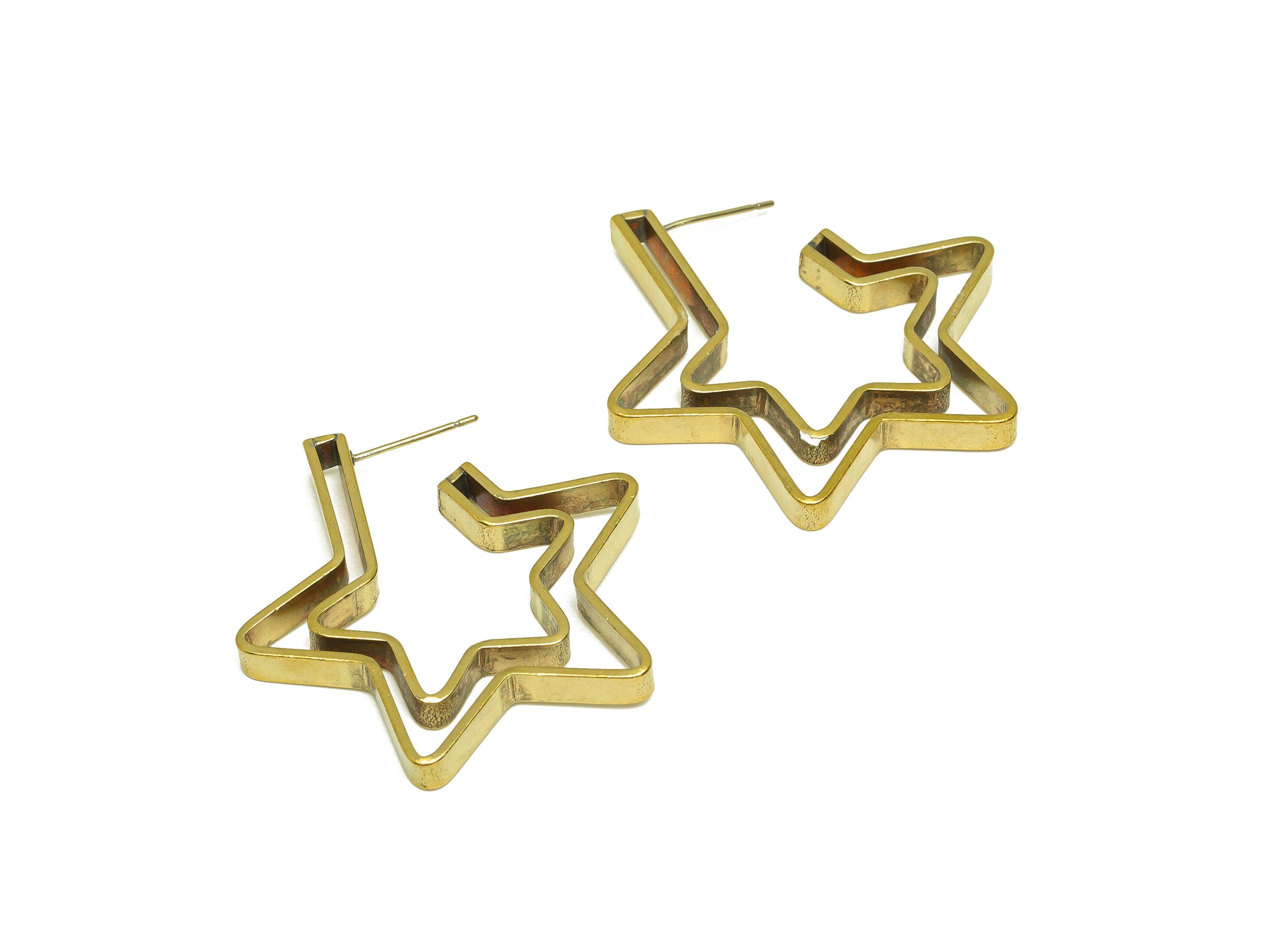 Brass Star Earring Stud - Raw Brass Open Star Earring Post - Brass Double Star Earring Post - Brass Star Earring - 37.4x34.5x4mm - PP10613 - DOMEDBAZAAR