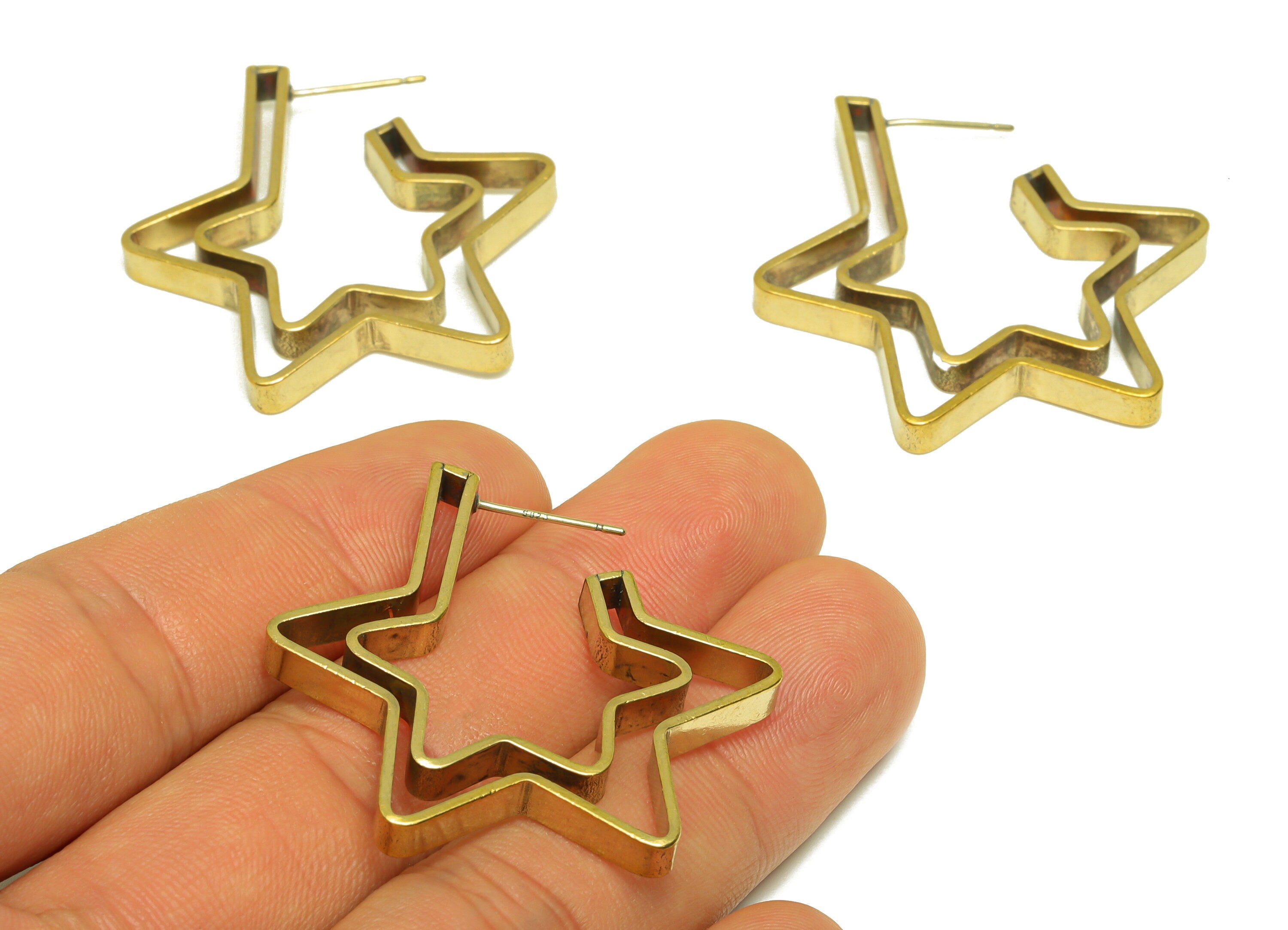 Brass Star Earring Stud - Raw Brass Open Star Earring Post - Brass Double Star Earring Post - Brass Star Earring - 37.4x34.5x4mm - PP10613 - DOMEDBAZAAR