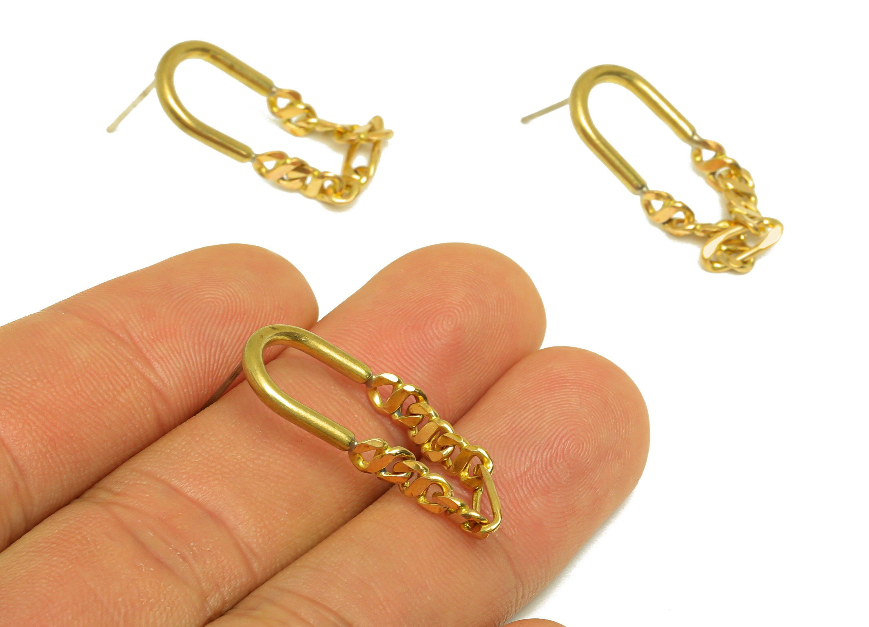 Brass U Chian Earring Stud - Raw Brass Hammered Chain Earring Post - Brass Geometry Earring Stud- Interlock Post - 27x11.6x2mm - PP10579 - DOMEDBAZAAR