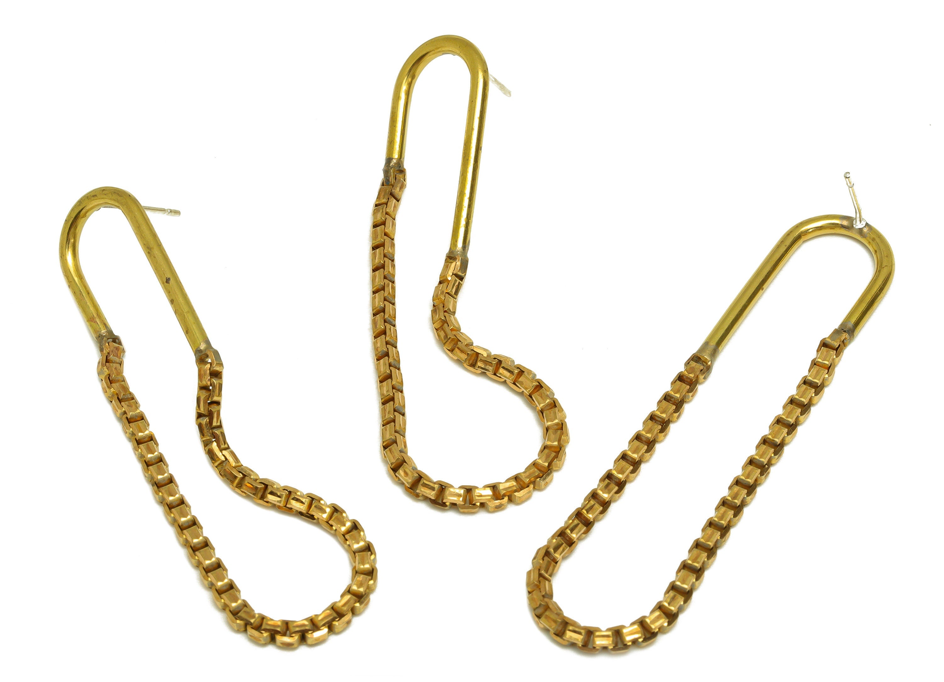 Brass U Chian Earring Stud - Raw Brass Hammered Chain Earring Post - Brass Box Chian Stud Earring - Imitation Silver Stud -57x13x2mm-PP10591 - DOMEDBAZAAR