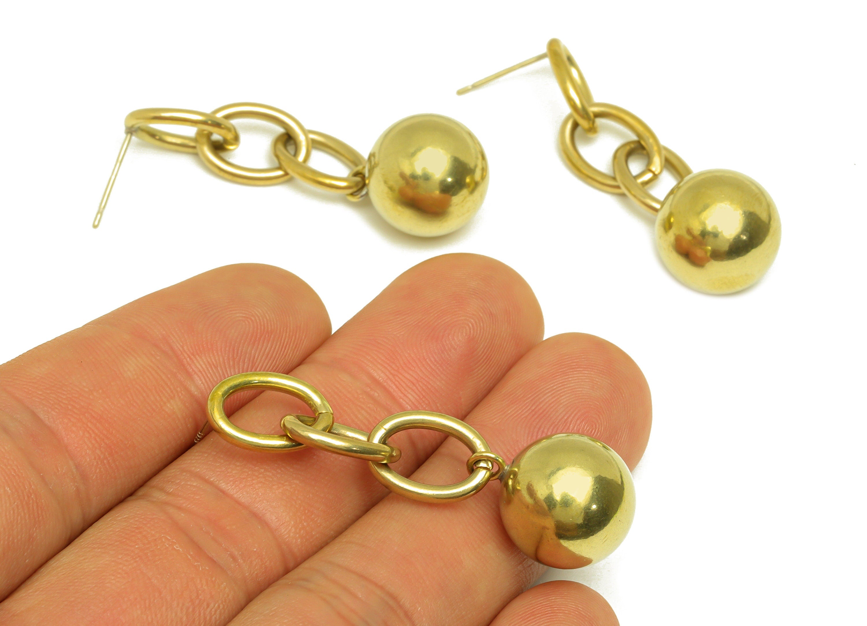 Brass Chain Earring Stud - Raw Brass Dangle Ball Earring Post - Brass Dangle Bead Earring Stud - Brass Dangle Post - 46x13.8x13mm - PP10585 - DOMEDBAZAAR