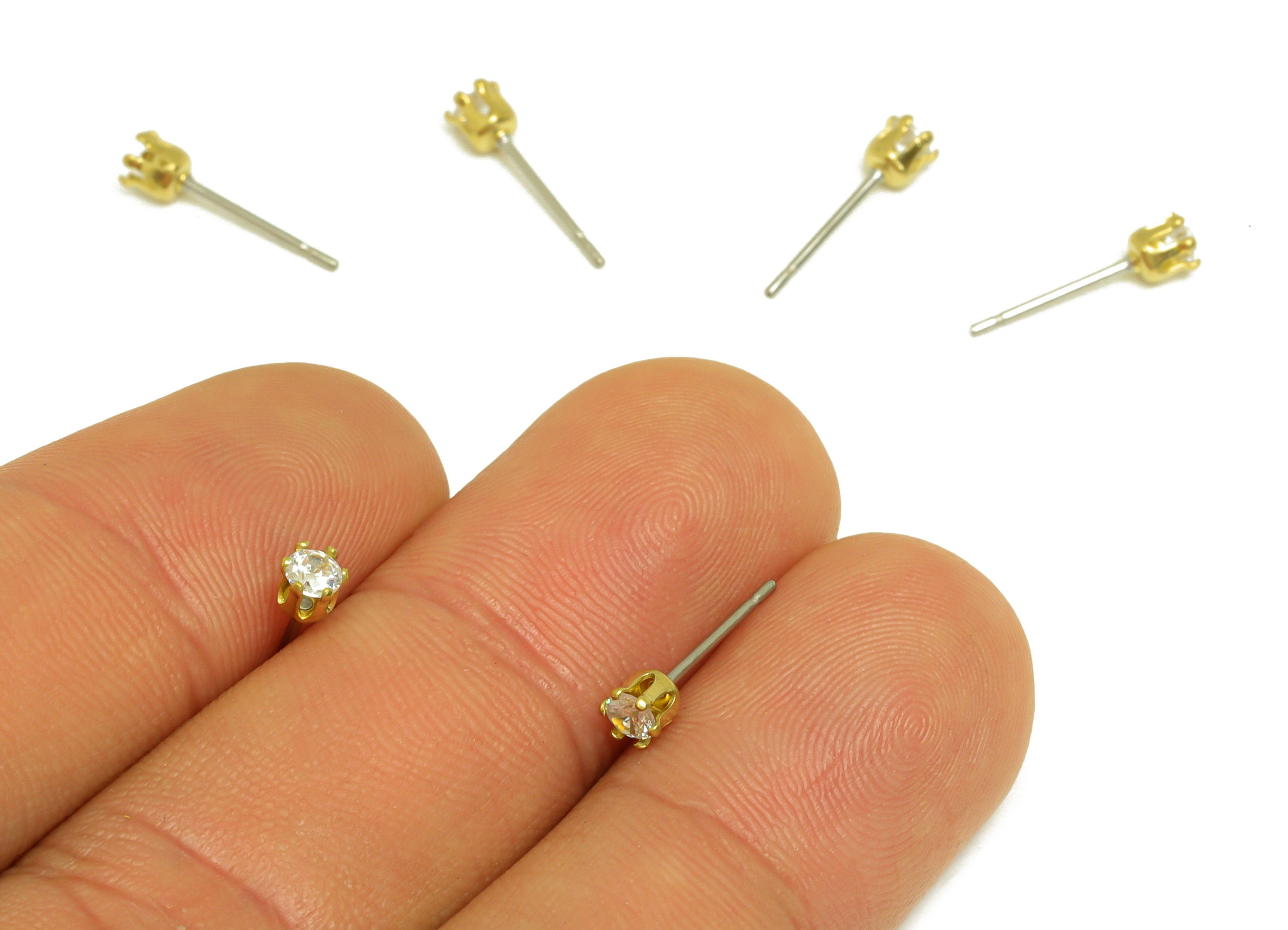 3mm Brass CZ Earring Stud - Raw Brass Mini Round Zircon Earring Post - Brass Cubic Zircon Earring Stud - Brass CZ Post - 3x3x3mm - PP10539 - DOMEDBAZAAR